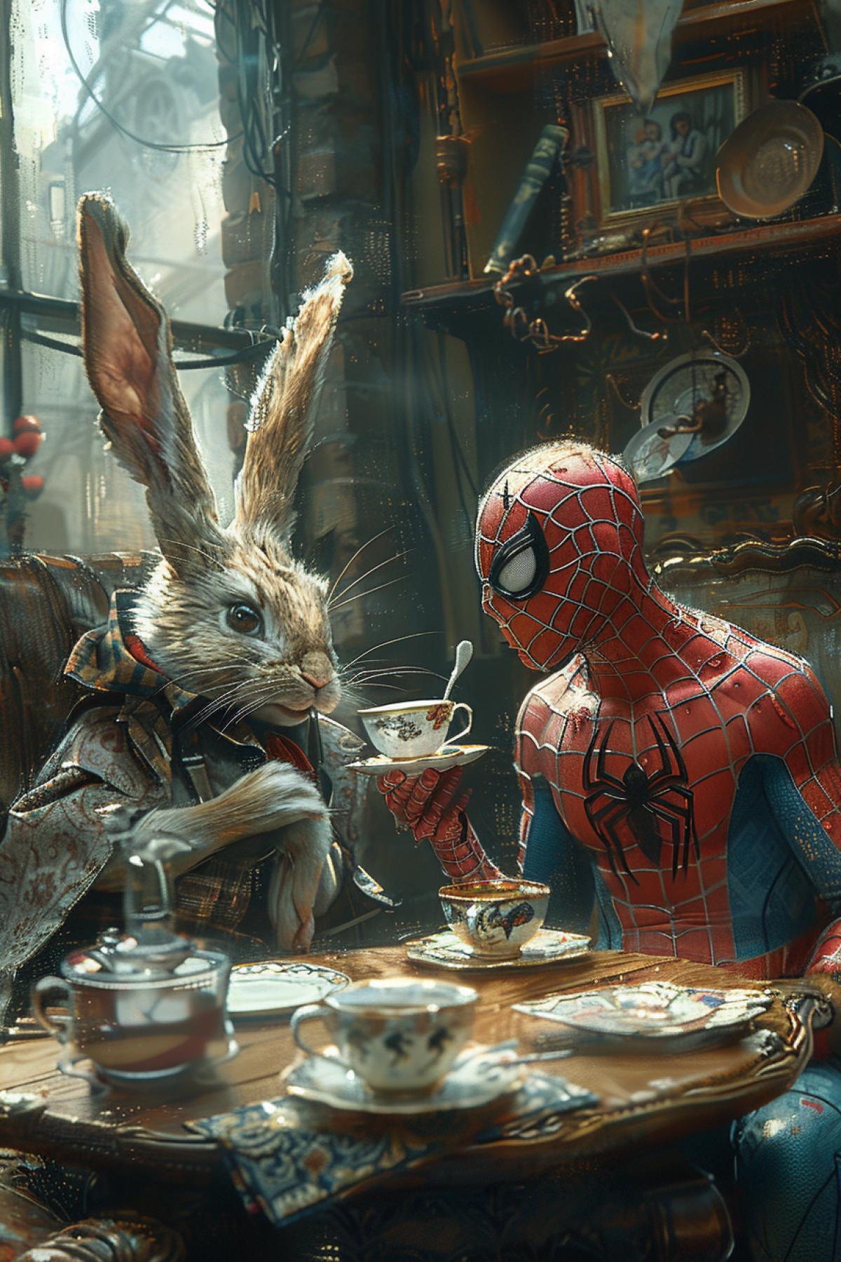 Spider-Man and the Mad Hatter drink tea while the Mad Bunny watches them
