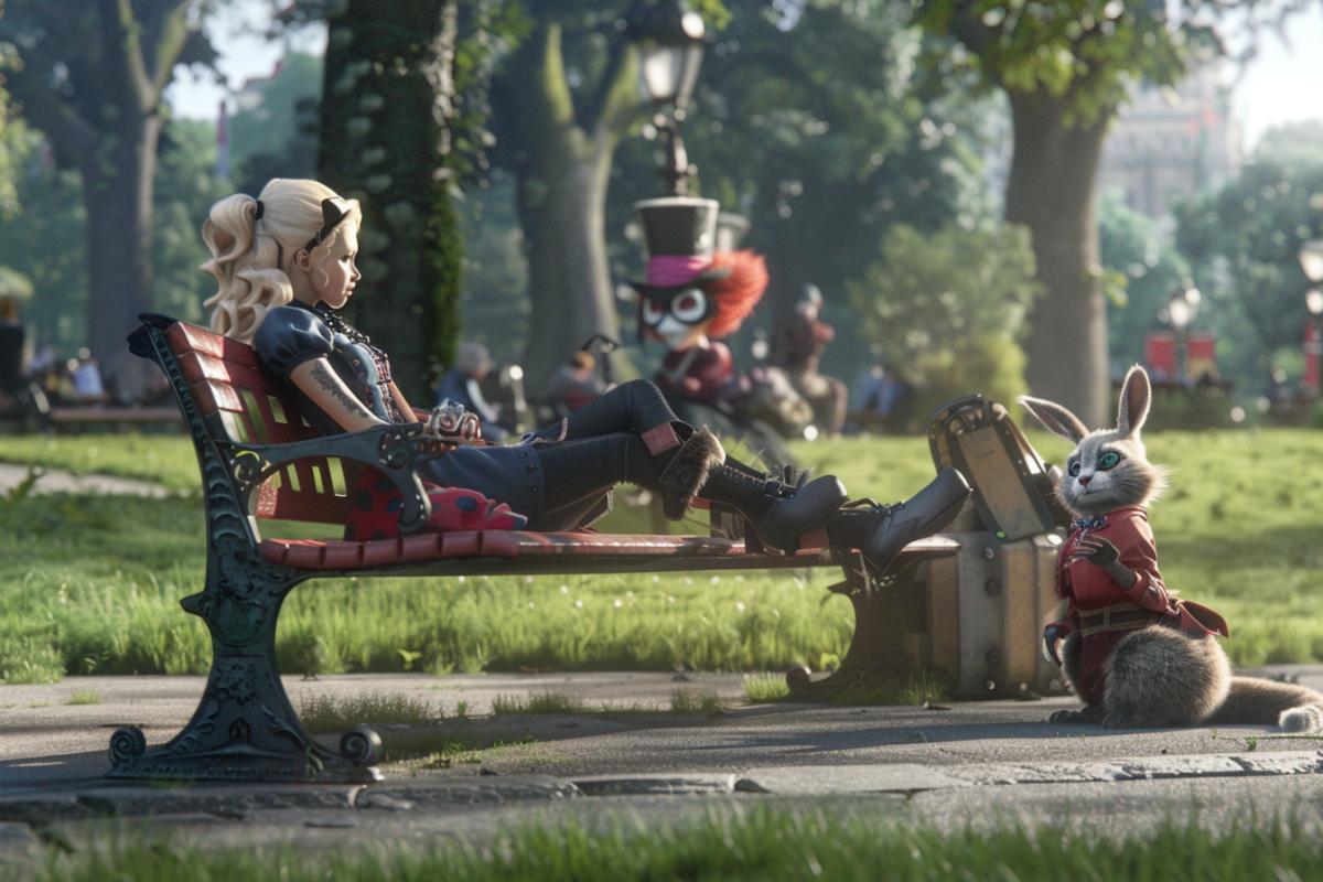 A stunning 3D render photo of Alice and the characters from Wonderland in a modern, unexpected setting. Alice, wearing a fashionable outfit, is seen sitting on a bench, while the Mad Hatter, dressed in a stylish suit, stands beside her. The Cheshire Cat, with a contemporary design, lounges on the ground nearby. The White Rabbit is wearing a business suit, and the Queen of Hearts is dressed in a bold, fashionable outfit. The overall ambiance of the cinematic scene is vibrant and surreal, with a touch of urban sophistication, while still maintaining the essence of the classic Wonderland characters., 3d render, cinematic, photo