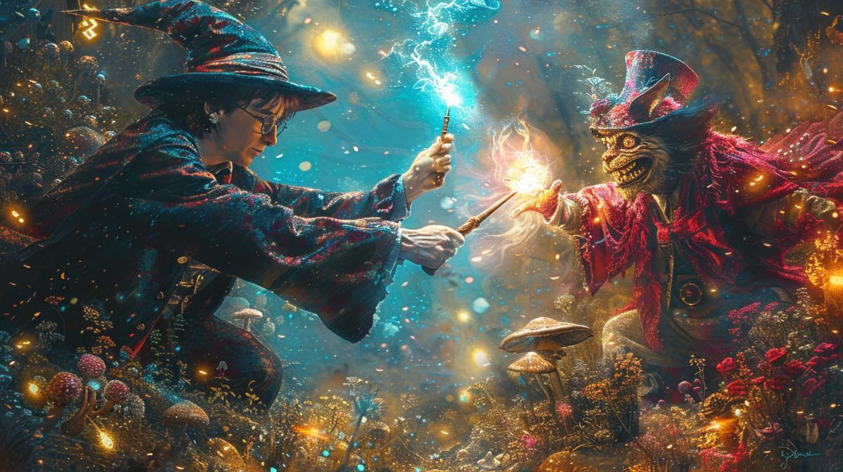 A thrilling battle scene of Harry Potter, wearing his iconic glasses and Hogwarts robe, and the Mad Hatter, in his eccentric colorful outfit and oversized hat, dueling with glowing magic wands, both in dynamic and intense 4ks, mid-action, aerial view. In the background, Severus Snape in his dark, flowing robes and the March Hare with his whimsical attire are sitting on a large mushroom, embracing each other. Above them, the Cheshire Cats wide grin floats in the air, illuminated by a soft, eerie glow. The setting is an enchanted forest with oversized, luminescent flora and sparkling magic particles floating in the air. Bright, colorful spells clash, casting vivid reflections and shadows across the scene. Created using: digital painting, fantasy art style, high detail, dramatic lighting, mystical atmosphere, rich colors, realistic textures, dynamic com4k э