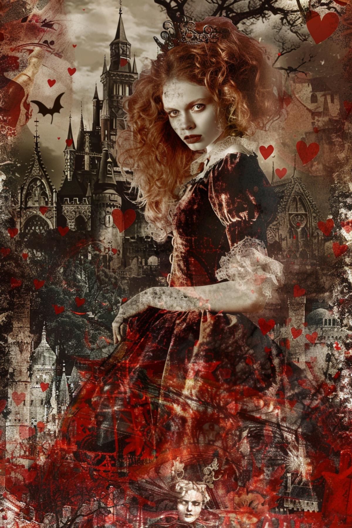 Alice in Wonderland, collage, queen of hearts, through the looking glass, flickering, realistic image, photoshop, twilight movie style