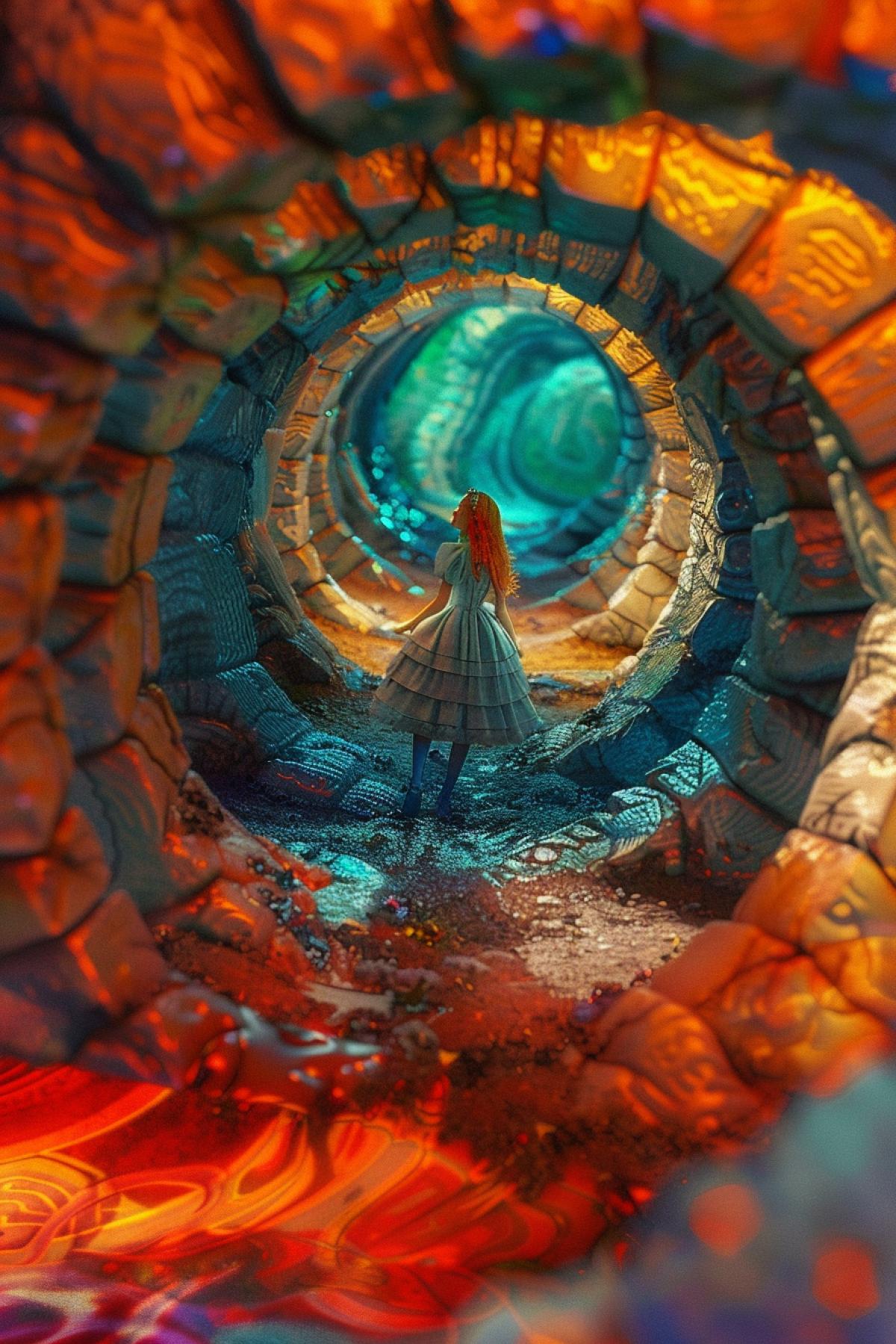 From the movie Alice in Wonderland, labyrinth, bright and saturated colors, flickering, realistic image, photoshop, three-dimensional image