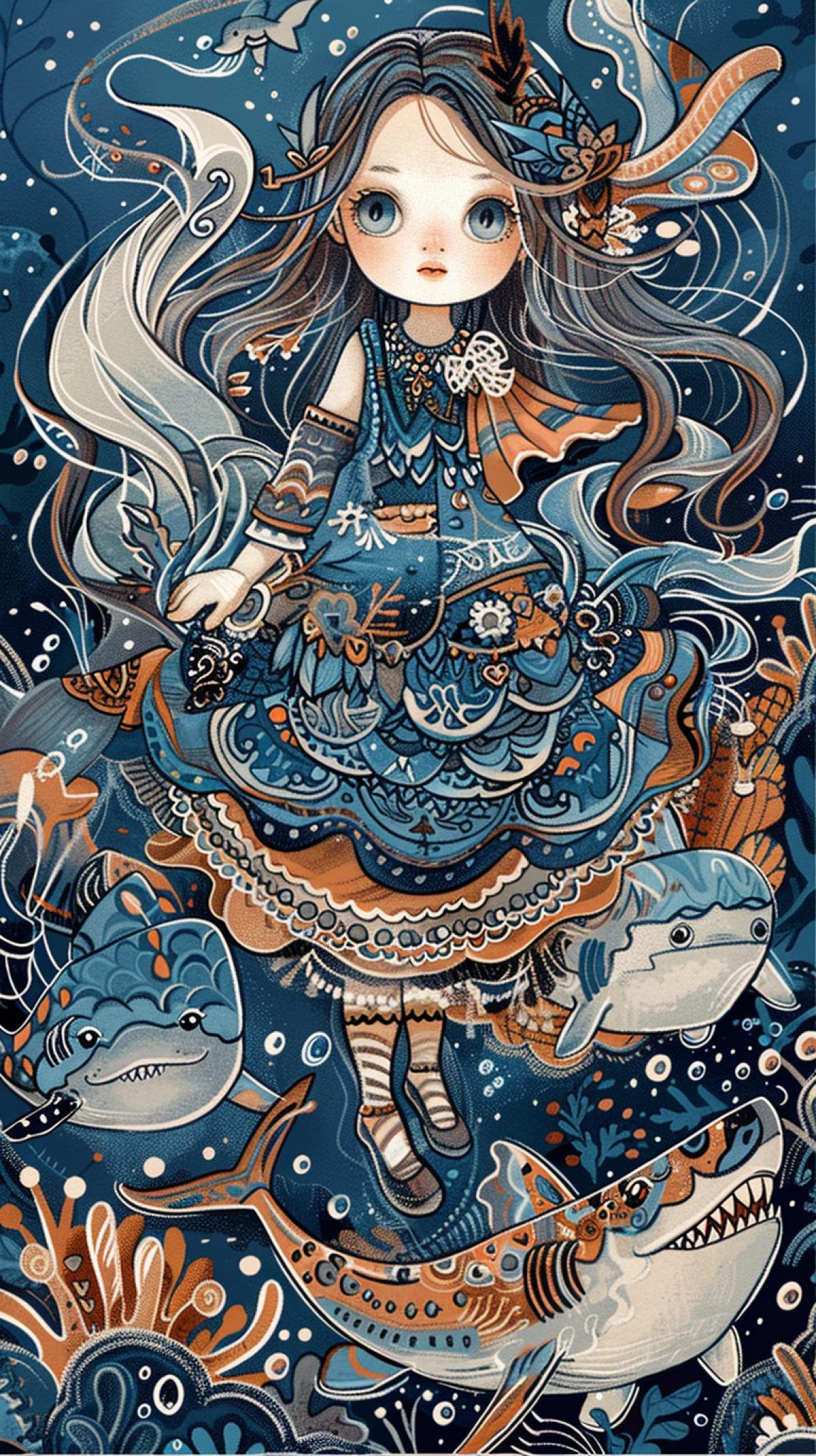 A cute little girl with long hair and big eyes, dressed in an ancient costume, stands on the back of shark-shaped sea creatures swimming underwater, decorated with intricate patterns. The illustration is done in a colorful inky style with detailed character designs, flowing lines and full-length portraits. It was created in the style of Nyo Bo Young for his work in Russia.