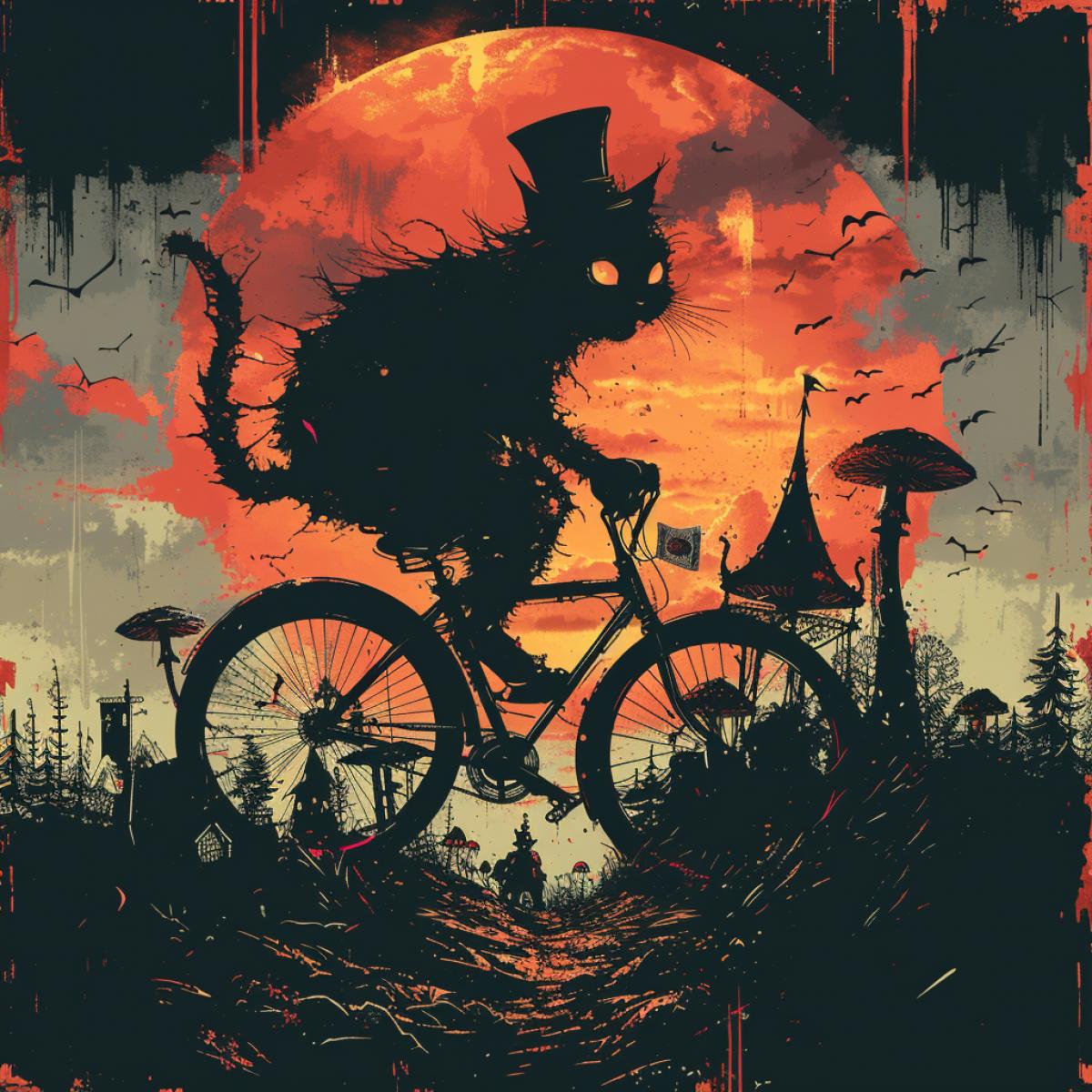 A whimsical, vibrant illustration of a silhouetted Cheshire Cat riding an oversized pocket watch like a bicycle against a breathtaking backdrop of a surreal Wonderland sunset. The sun, depicted with a unique playing card pattern, transitions from deep red to a softer pink, casting a magical glow on the scene. The Cheshire Cats grin is prominently visible, and it wears the Mad Hatters iconic hat. The watch-bicycles hands spin rapidly, creating the illusion of motion. The minimalist design accentuates the sun and silhouette, while tea party elements, bizarre Wonderland architecture, and mushrooms add depth and texture. Alice can be seen in the background, chasing the White Rabbit. The artwork, reminiscent of a 3D render with its bold lines and shading, is further enhanced by the pop of color and whimsical typography inspired by Lewis Carrolls original text. illustration, cinematic, fantasy typography, digital painting, 3d render, Wonderland architecture, vibrant, storybook graffiti, dark