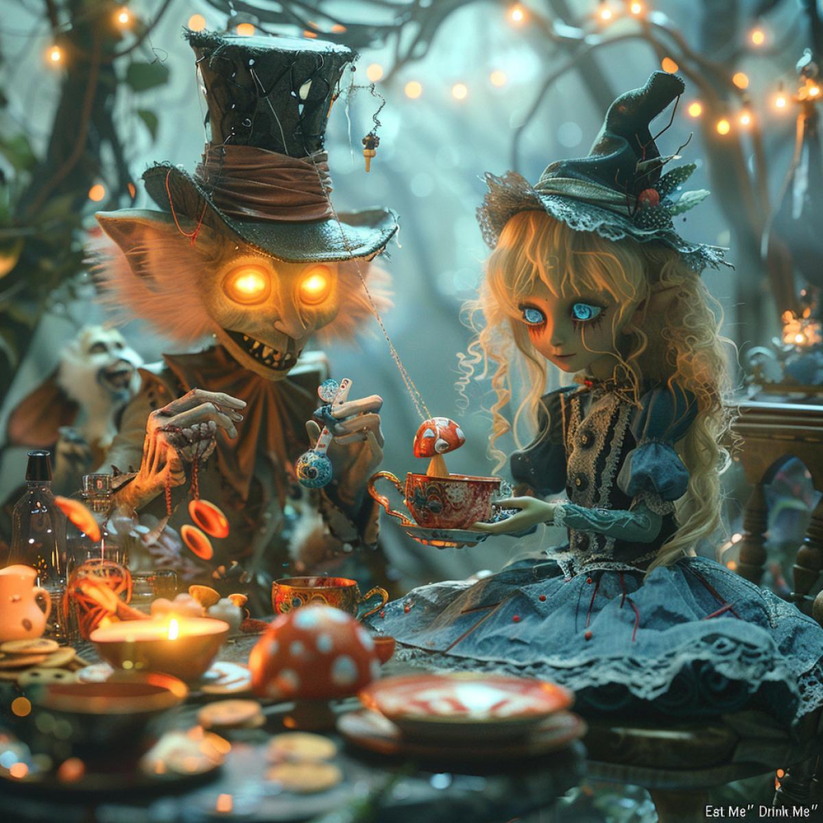 A hauntingly beautiful conceptual art piece set in a twisted version of Wonderland. In the foreground, a discarded Alice voodoo doll lies on a crooked tea table, her blue dress tattered and pierced with colorful hatpins. The Mad Hatter looms over the scene, his eyes glowing and hat askew, manipulating strings attached to the doll. In the background, the White Rabbit frantically checks his pocket watch, surrounded by a forest of oversized mushrooms and playing card soldiers. A grinning Cheshire Cat fades in and out of view, adding to the eerie atmosphere. The entire scene is lit by the warm glow of mismatched teacups filled with glowing potions, casting long, distorted shadows. Broken \"Eat Me\" cookies and spilled \"Drink Me\" bottles litter the ground. conceptual art, dark fantasy, Alice in Wonderland, surreal, voodoo elements