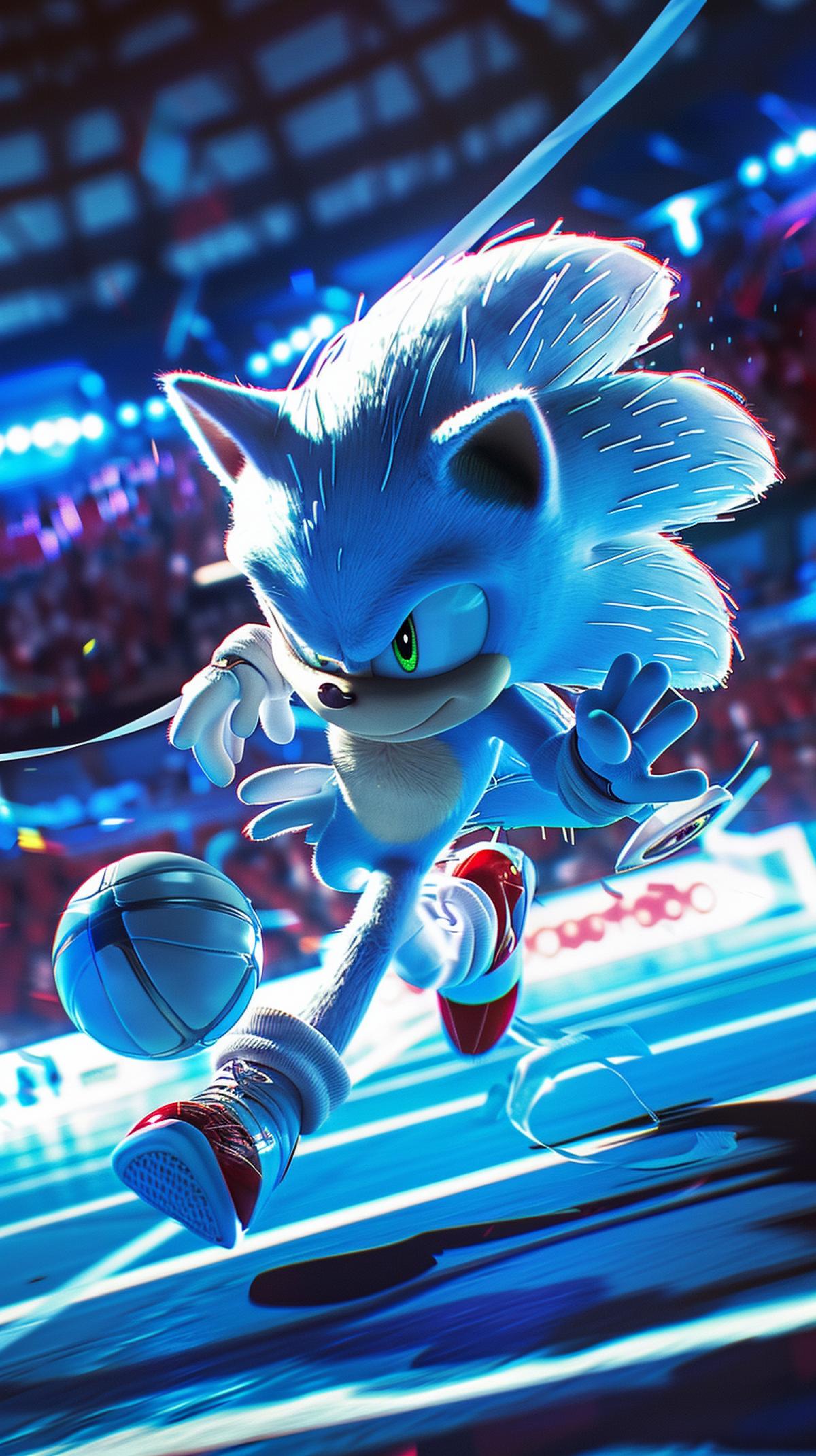 Video Game Team. Central Forward: Sonic. Sonic in a white suit, high-tech, super speed, dribbling the ball across a football field, blue spectacular lines on the sides give the effect of speed, a white banner flutters in the stands, which depicts the five Olympic rings, cinematic, fast, super fast, photorealism, professional photo, night lighting,. VHS effect