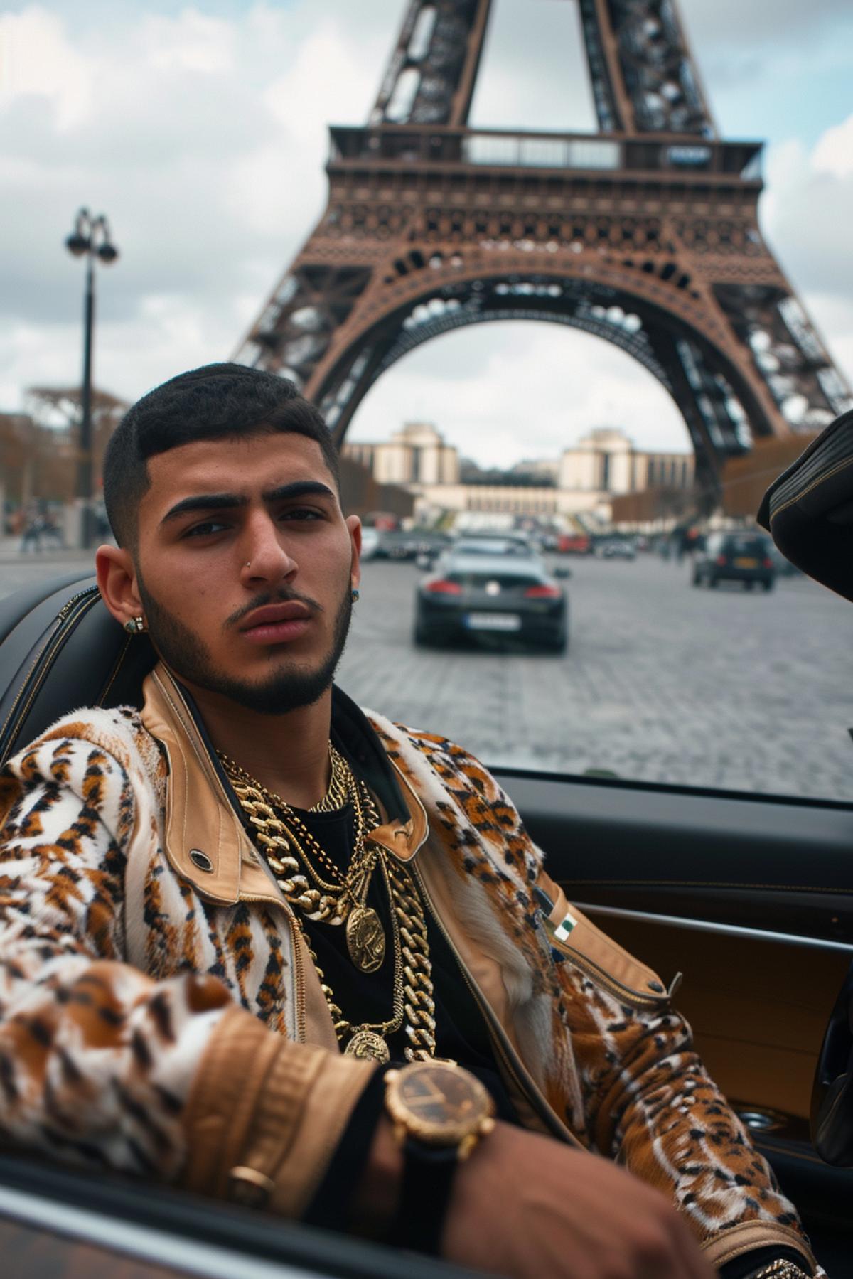 A richly dressed young Arab of Algerian descent is sitting behind the wheel of an expensive car. He is connected to crime, with the face of a typical criminal. Around his neck, he wears gold chains, on his wrists are gold watches, and on his fingers are gold rings. In the background are the Eiffel Tower and a stadium.