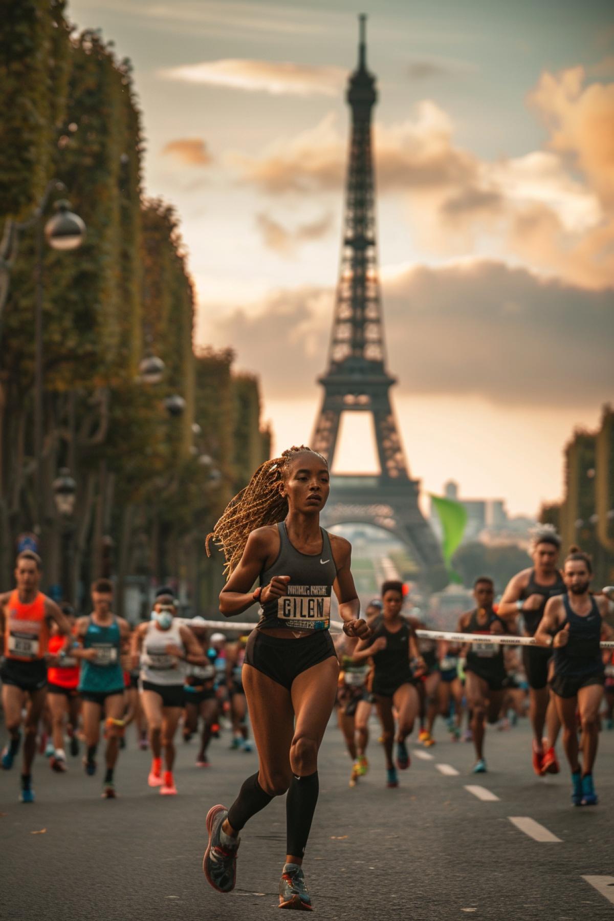 Professional photography, speed in movement, cinematic, full-length, realism, runner, girl, hairstyle, dreadlocks gathered in a ponytail, developing from rapid running, side view, going into a breakthrough, breaking the tape at the finish line, at the last push, hands up, look completely focused, the Eiffel Tower is visible in the background, aesthetically pleasing, beautiful, realistic, facial and features are detailed, high resolution, high detail