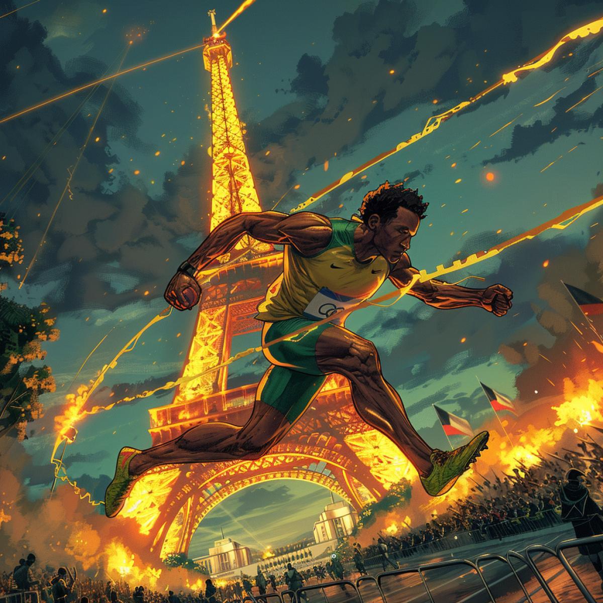 A captivating illustration of the Olympic Games in Paris, with athletes from diverse backgrounds coming together in a spirit of unity and friendly competition. In the foreground, a track and field athlete is leaping over a hurdle, mid-stride, with grace and determination. The background showcases the iconic Eiffel Tower, adorned with the Olympic rings. The atmosphere is electric, with a crowd of onlookers cheering on the athletes. The Olympic torch, symbolizing unity and hope, burns brightly in the center. The overall ambiance of the image captures the essence of the Olympic spirit, highlighting the beauty and symbolism of this global event.