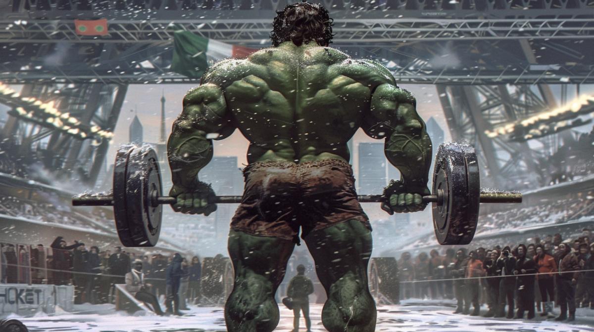 A surreal scene of the Hulk competing in an Olympic weightlifting event, lifting an enormous barbell with the Eiffel Tower in the background. The crowd is in awe, and the Olympic rings are prominently displayed above the stadium. Vivid green Hulk, intense muscles, exaggerated weights, bright lights, Parisian skyline, comic book style, vibrant colors, dynamic lighting, hd quality, action-packed