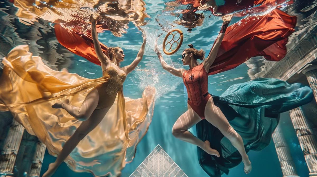 Batman, Spider-Man, and Thor participating in a synchronized swimming routine, their costumes contrasting beautifully against the clear blue water. The Louvre Pyramid is faintly visible through the water, and the Olympic rings are artistically 4ked above them. Dramatic 4ks, vivid colors, comic book aesthetics, dynamic reflections, underwater elegance, hd quality, Parisian landmarks