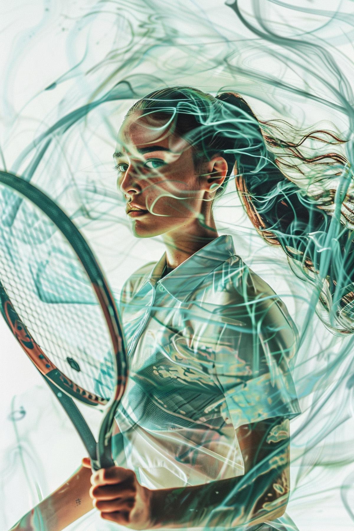 sports competition, beautiful woman with tennis racket in hand, full length, abstract face and , expression floating out of oil with transparent effect, trending on artstation, clear focus, studio photo, intricate details, high detail, by Alberto Seveso