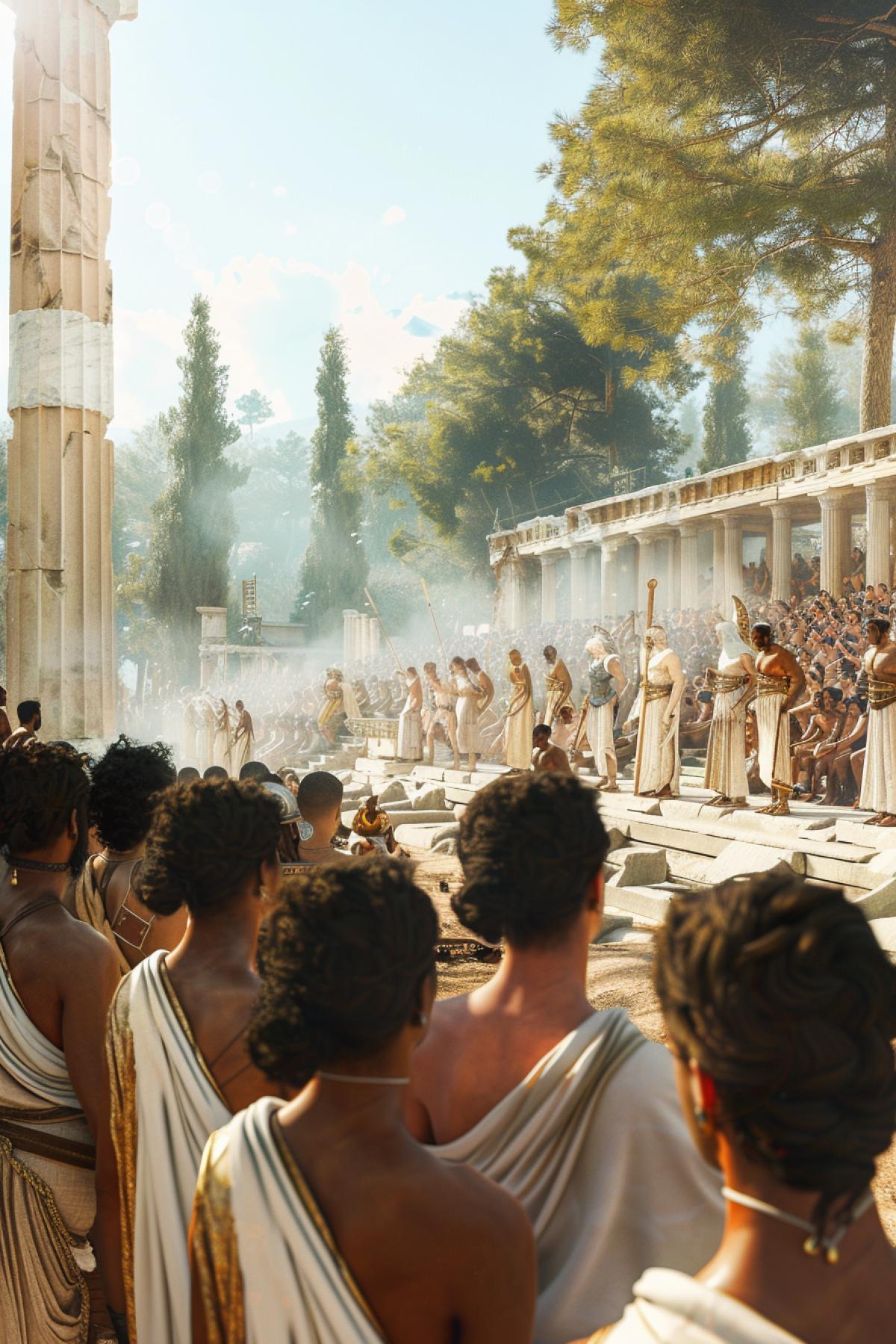 Athletes of Ancient Greece at the Olympia stadium, marble stands, white and gold colors, morning sun, clear shadows, classical style, spectators in tunics, athletes in dynamic 4ks, sand arena, antique columns in the background, tall trees, gymnasts performing complex acrobatic stunts , an atmosphere of solemnity and tension, historical accuracy.