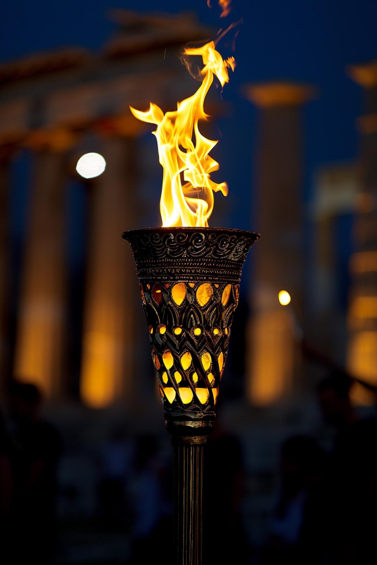 Olympic torch ritual, evening ceremony, dark sky with bright stars, golden torch light, deep contrasts of light and shadow, people in white tunics around, Parthenon colonnades in the background, torch in the spotlight, mystical atmosphere, Greek patterns on clothes, sea lights in the distance, emphasized solemnity of the moment, ancient rituals.