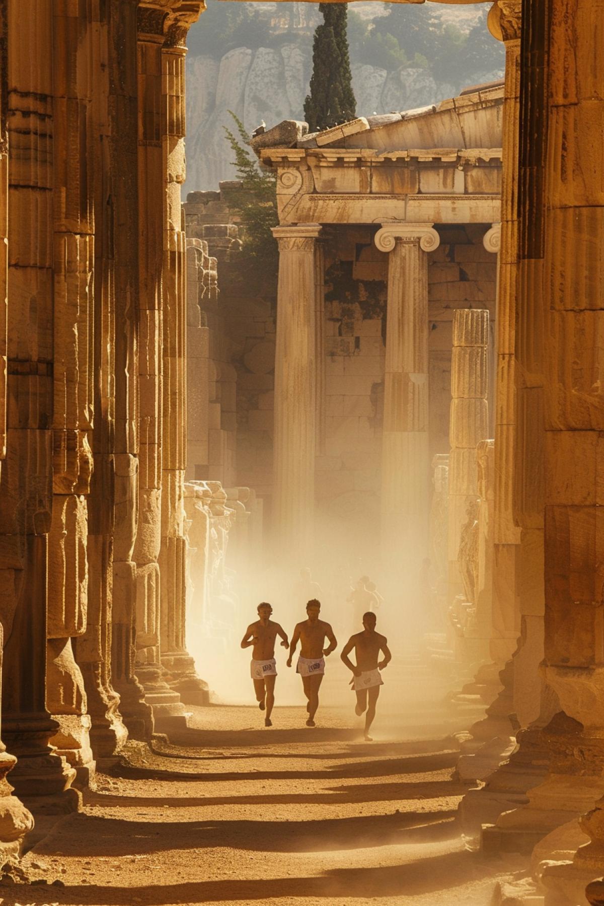 Long distance running in Ancient Greece, athletes in traditional chitons, dusty stadium path, warm ocher tones, sunny afternoon, harsh shadows, antique statues along the route, Doric style marble columns, emphasis on speed and strength, dust rising from the ground, antique architecture on the horizon, depth perspective.