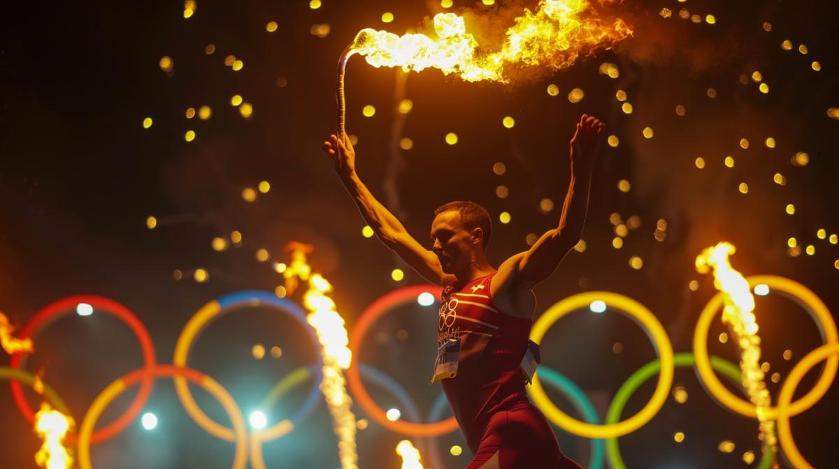 An athlete with the Olympic torch jumps over the Olympic rings