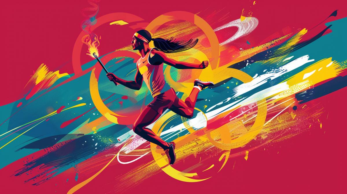 An athlete with the Olympic torch jumps over the Olympic rings