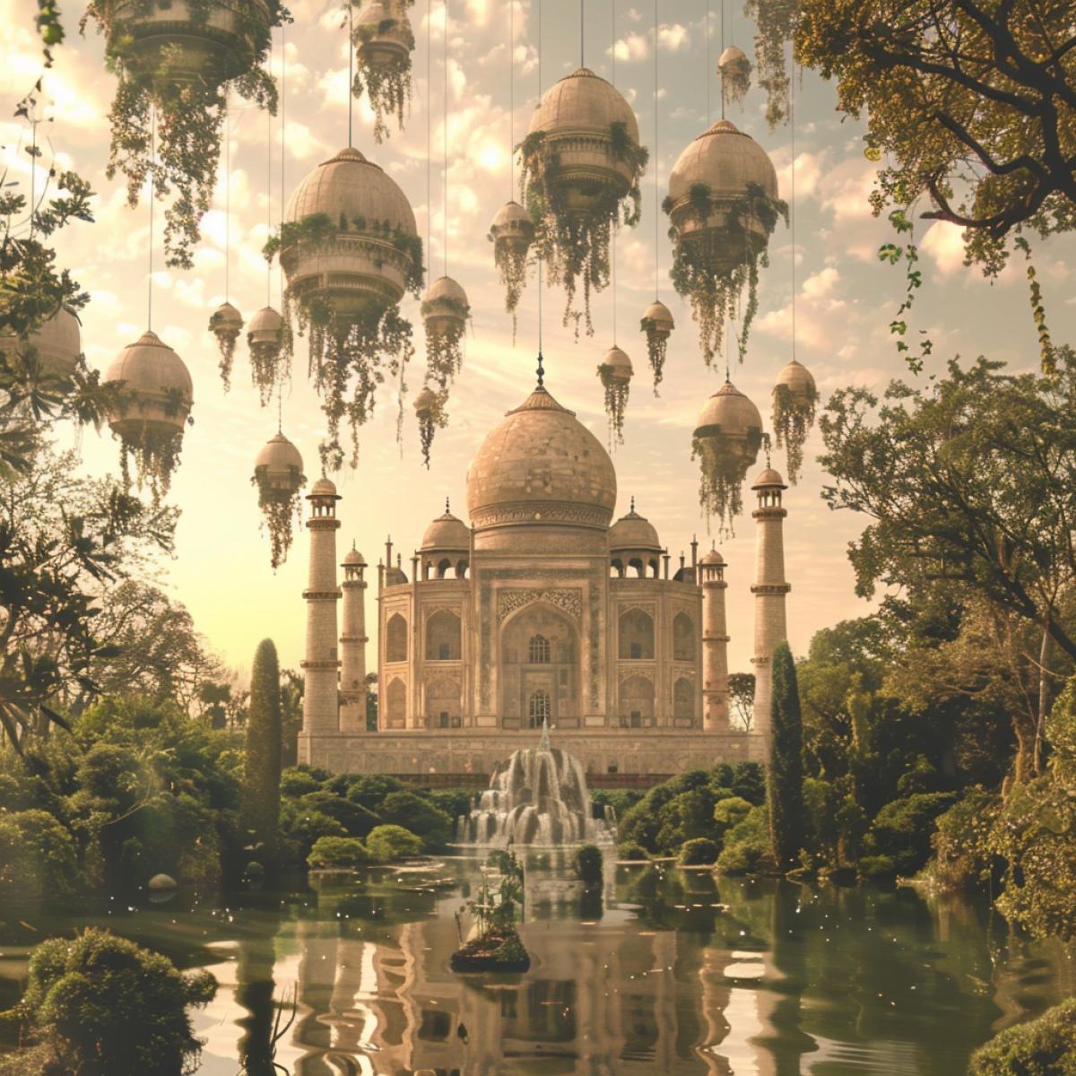 An artistic rendition of the Taj Mahal, reimagined as a floating palace in a dreamy, otherworldly landscape, surrounded by floating islands and cascading waterfalls under a pastel sky. Created Using: fantasy art, surrealism, pastel colors, dreamlike quality, intricate details, floating elements, hd quality, natural look