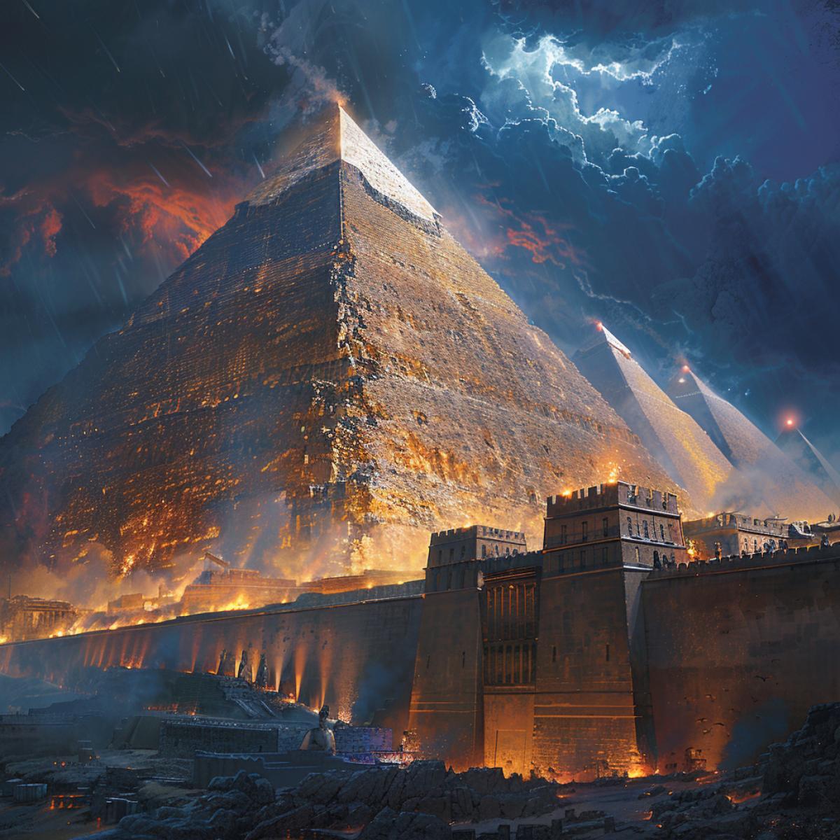 A visually stunning and conceptual masterpiece that fuses the historical grandeur and mystery of the ancient Seven Wonders of the World with the cultural and architectural brilliance of the new Seven Wonders. The artwork is a cinematic representation of each wonder, combined with the essence of the others, creating a harmonious blend of art, history, and culture. In the foreground, the Pyramid of Cheops and the Hanging Gardens of Semiramis share the scene with the Statue of Zeus at Olympia, while the Temple of Artemis and the Mausoleum at Halicarnassus create a backdrop. The Colossus of Rhodes and the Pharos of Alexandria tower above, with the Great Wall of China wrapping around the com4k. The Christ the Redeemer Statue, Machu Picchu, Chichen Itza, the Coliseum