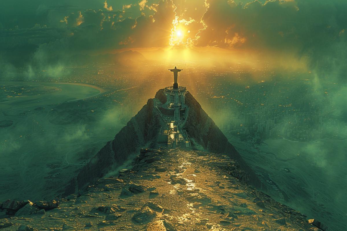 A mythical landscape combining the Great Pyramid of Giza and the Christ the Redeemer statue, with the statue standing atop the pyramid, illuminated by a celestial light. The desert stretches out under a twilight sky. Created Using: mythical scale, architectural blend, celestial lighting, twilight sky, detailed textures, historical fusion, hd quality, natural look