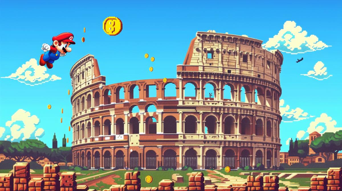 An 8-bit game scene featuring the Colosseum as the main structure in a world inspired by Super Mario, with Mario jumping over pixelated enemies and collecting coins around the ancient arena. The sky is bright blue with pixel clouds. Created Using: 8-bit pixel art, Super Mario style, vibrant colors, simple shapes, nostalgic ambiance, game elements, hd quality, natural look