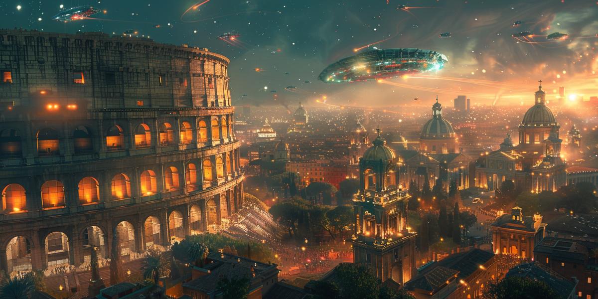 A cyberpunk rendition of the Colosseum in the world of Cyberpunk 2077, with neon lights illuminating the ancient arena and futuristic vehicles flying around. The night sky is dark with vibrant city lights. Created Using: cyberpunk art, Cyberpunk 2077 style, neon colors, futuristic aesthetics, detailed environment, hd quality, natural look