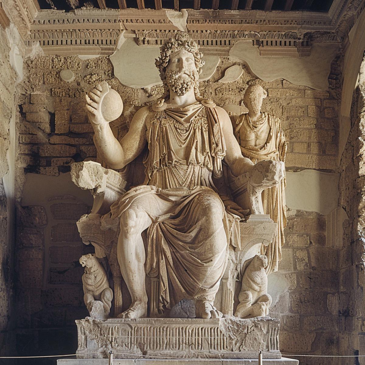 The statue of the god Zeus in the sanctuary of Zeus in Olympia.. It was created by Phidias in the chrysoelephantine technique in the 430s BC and was located in the temple cell. The height of the statue is 12.4 meters.. Zeus with an olive wreath on his head and a cloak with images of animals and lilies is represented sitting on a throne made of precious materials. In his right hand is a ball with a figure of Niki standing on it, in his left is a scepter with an eagle figure. The throne is decorated with numerous figures, reliefs and pinakas,. full shot, head to toe, full-length view, wide field of view, centered, uncropped
