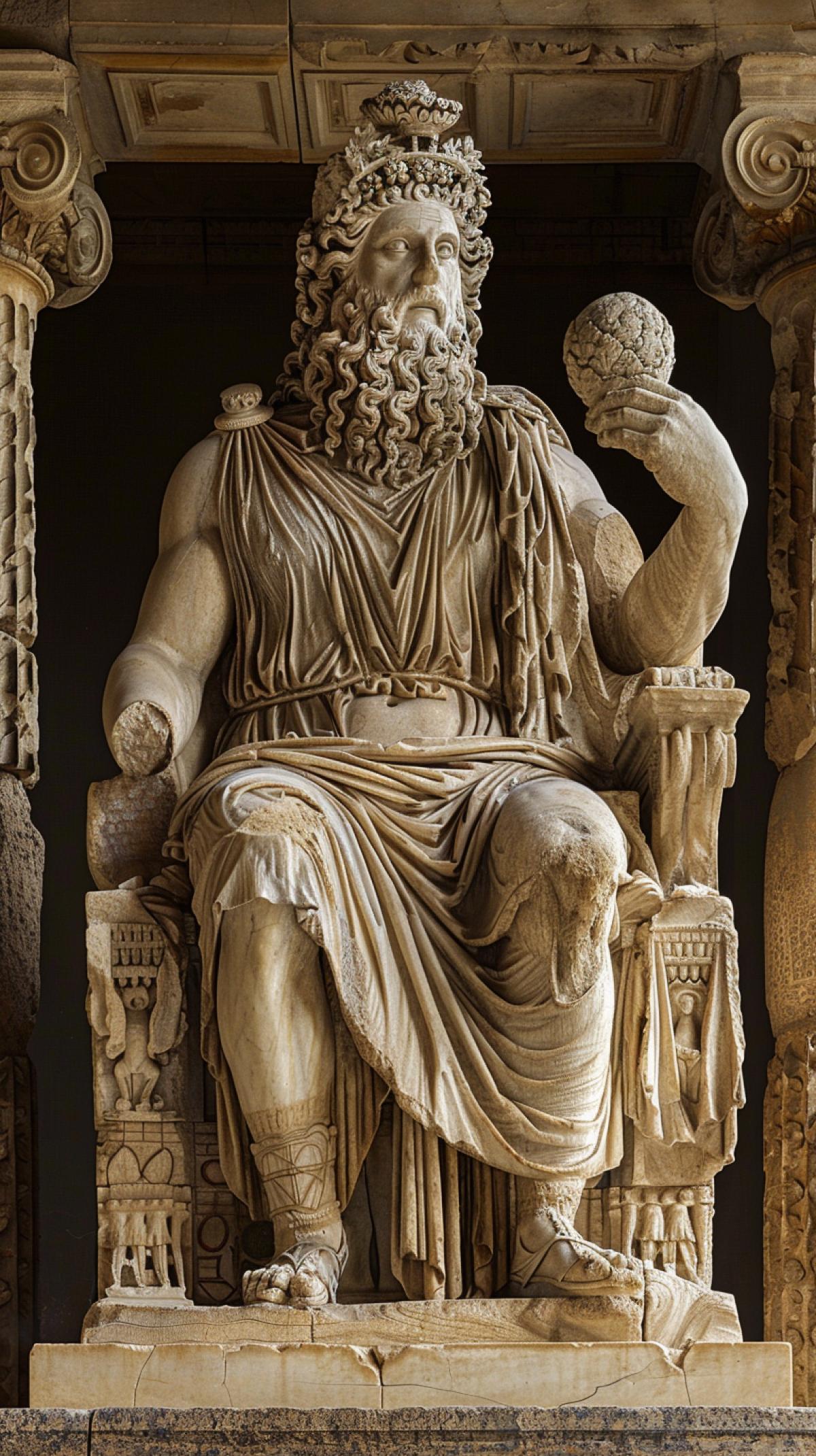 The statue of the god Zeus in the sanctuary of Zeus in Olympia.. It was created by Phidias in the chrysoelephantine technique in the 430s BC and was located in the temple cell. The height of the statue is 12.4 meters.. Zeus with an olive wreath on his head and a cloak with images of animals and lilies is represented sitting on a throne made of precious materials. In his right hand is a ball with a figure of Niki standing on it, in his left is a scepter with an eagle figure. The throne is decorated with numerous figures, reliefs and pinakas,. full shot, head to toe, full-length view, wide field of view, centered, uncropped