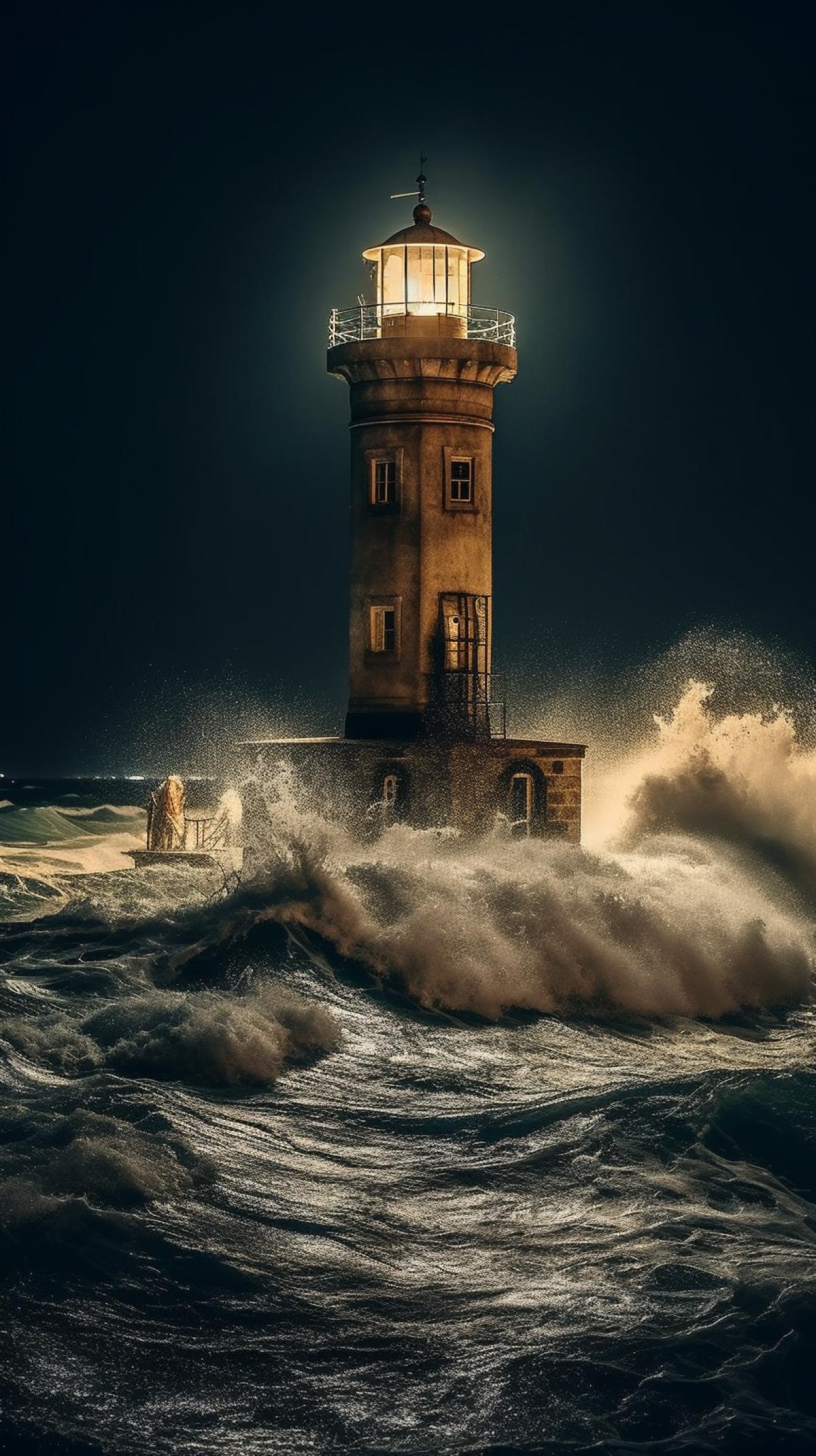 Night, ocean, force nine storm, waves hitting the persistent Alexandria lighthouse, which stands and points the way to the port