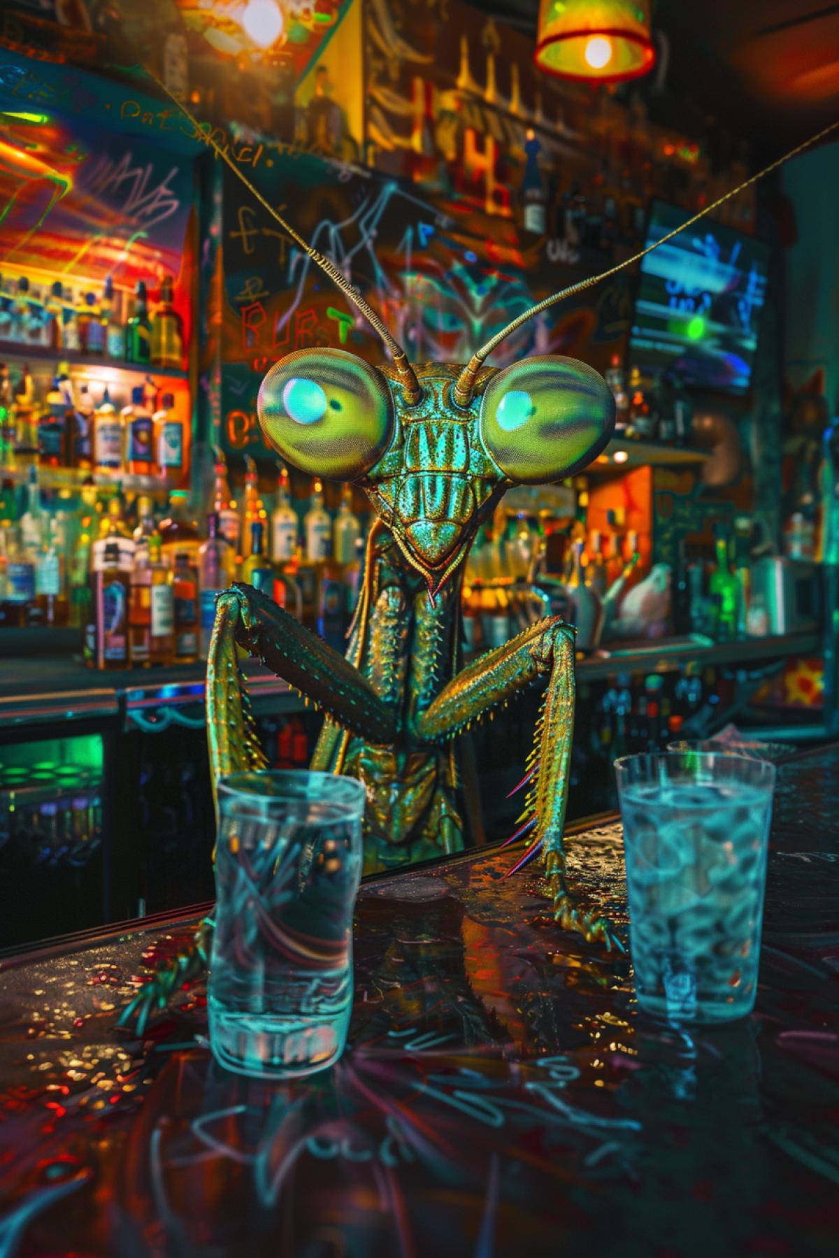 bartender mantis. flickering, realistic image, Photoshop, graffiti, maximalism, White Style