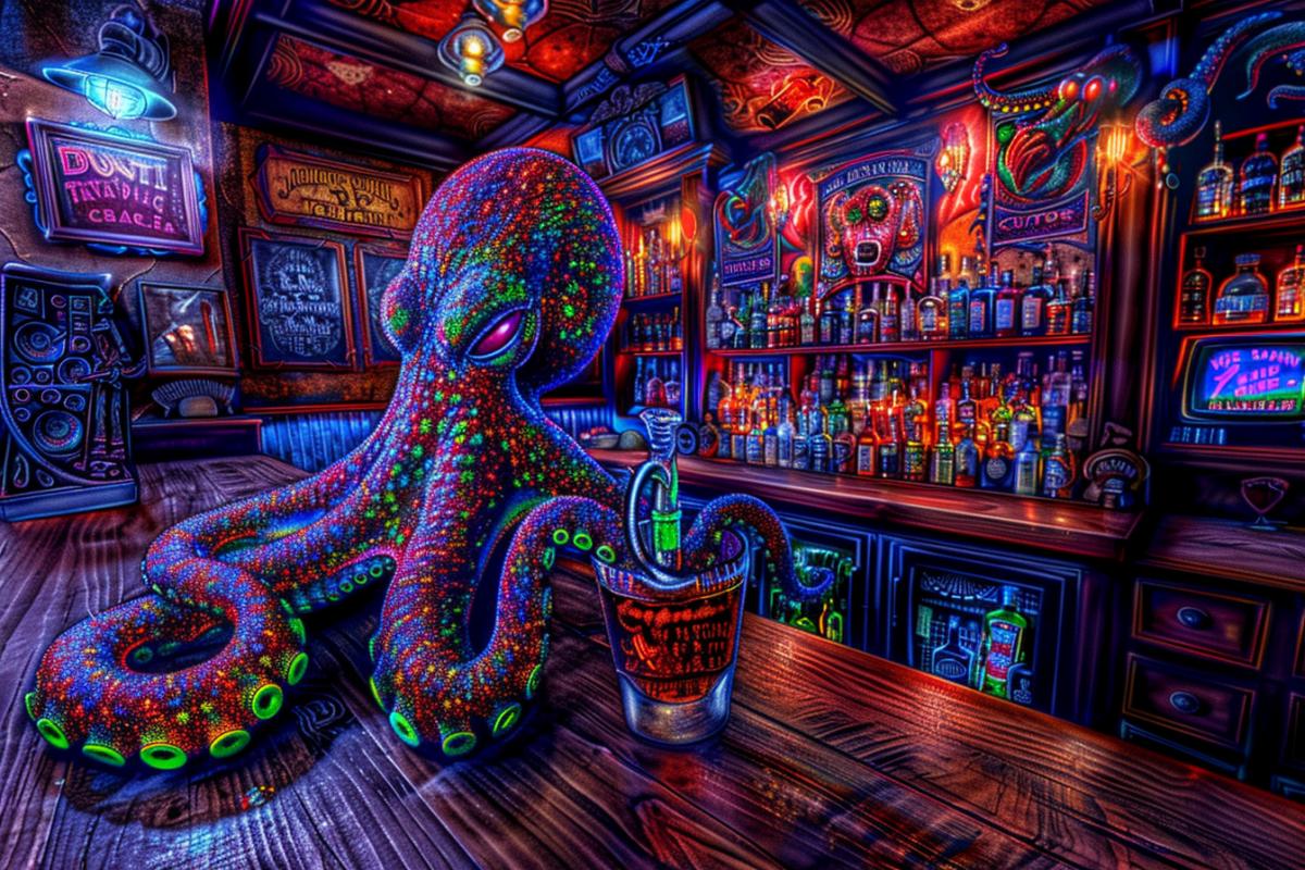 An octopus bartender at the bar of a busy pub, with octopus tentacles everywhere and a bottle on the bar. Shine. The art is colorful and very detailed, in the style of Steve Sack and Craig Mullins.