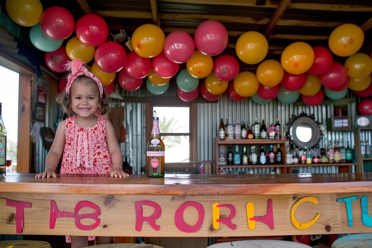 A little girl bartender works in an old bar, stands behind the bar counter