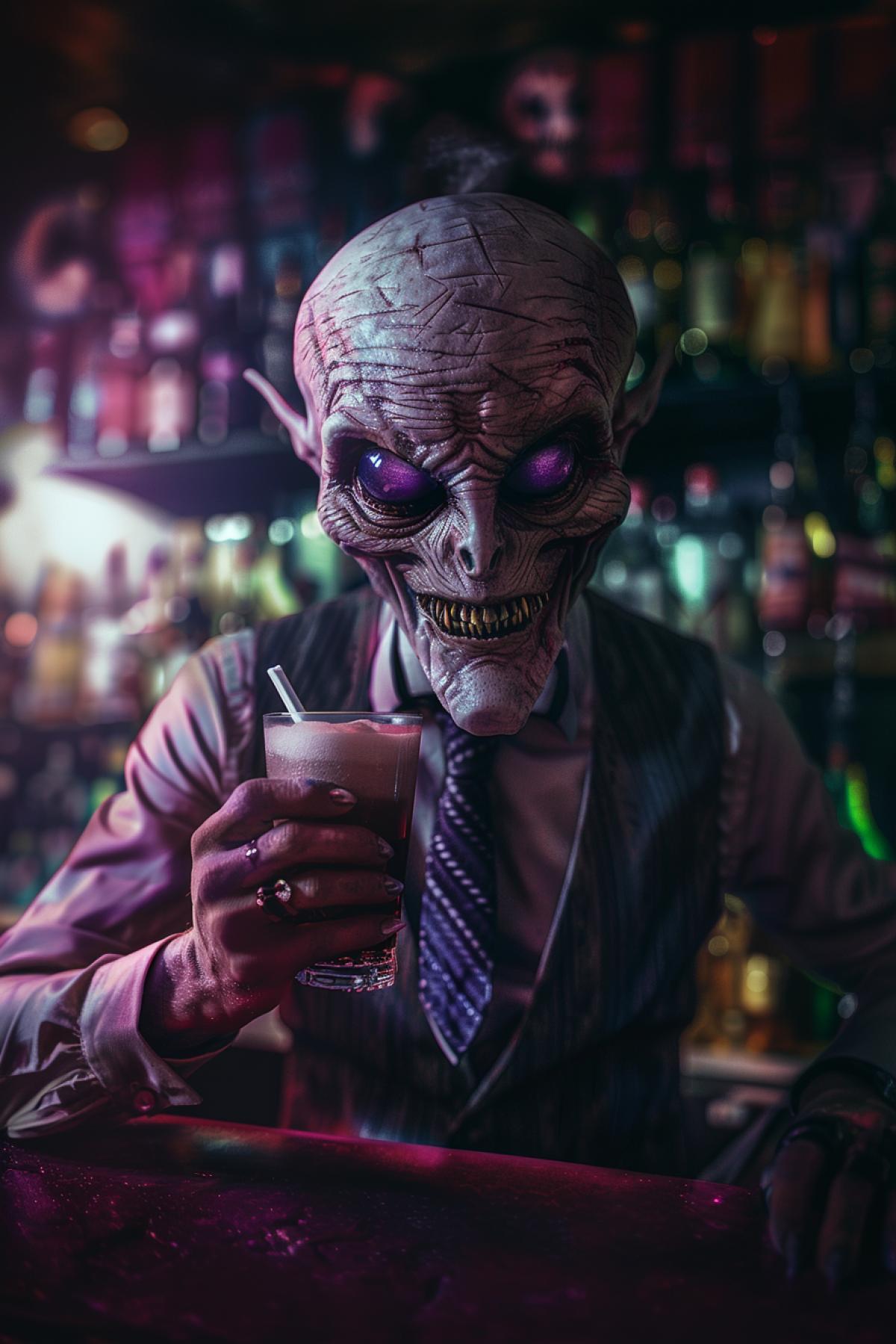 Cheerful alien vampire in the image of a bartender, flickering, realistic image, photoshop, graphics, maximalism, apocalypse, White Style