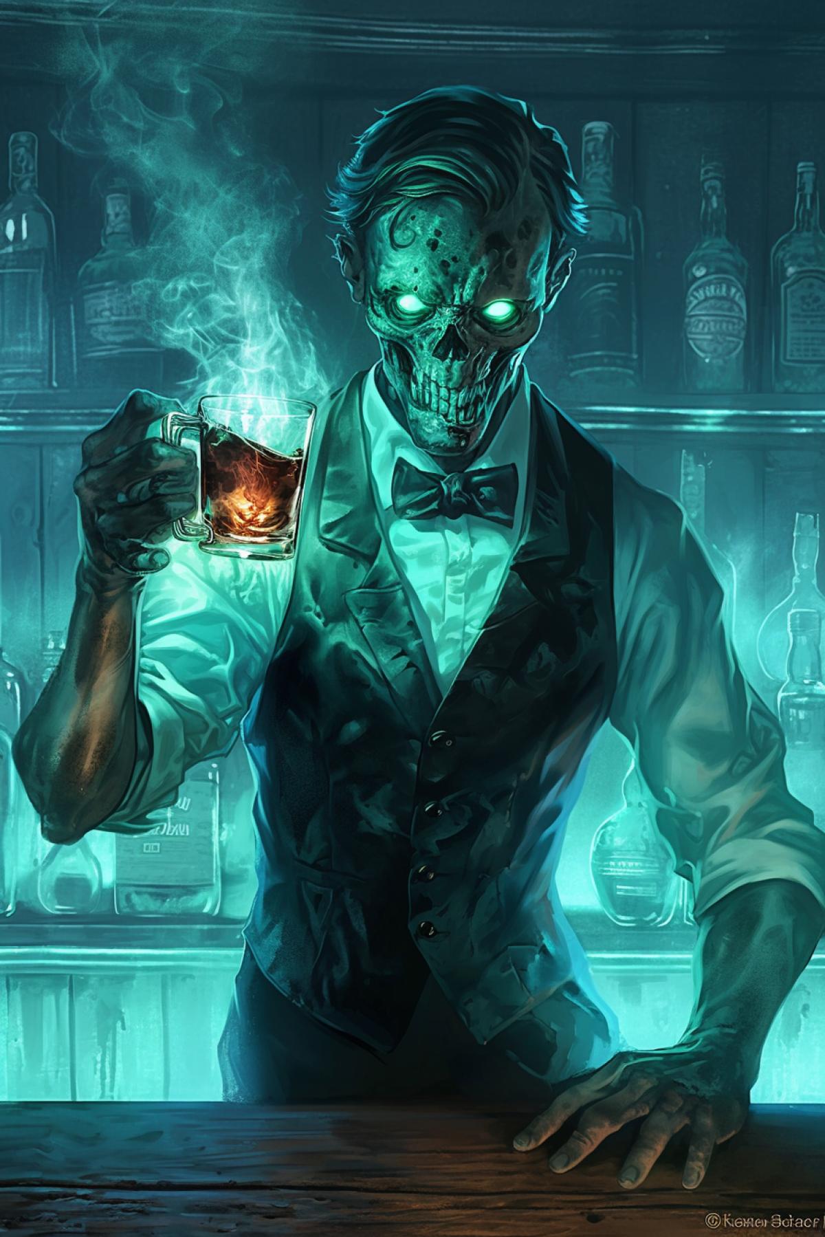 Zombie bartender offers a shot of fire tequila , horror style , green blue and dark , dark ominous bar , dim lighting , cold moon light , by Gerald Brom, Keith Thompson