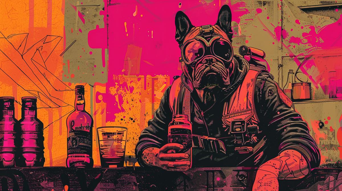 Bartender with the head of a dog French bulldog in a gas mask in the style of Samosir fallout