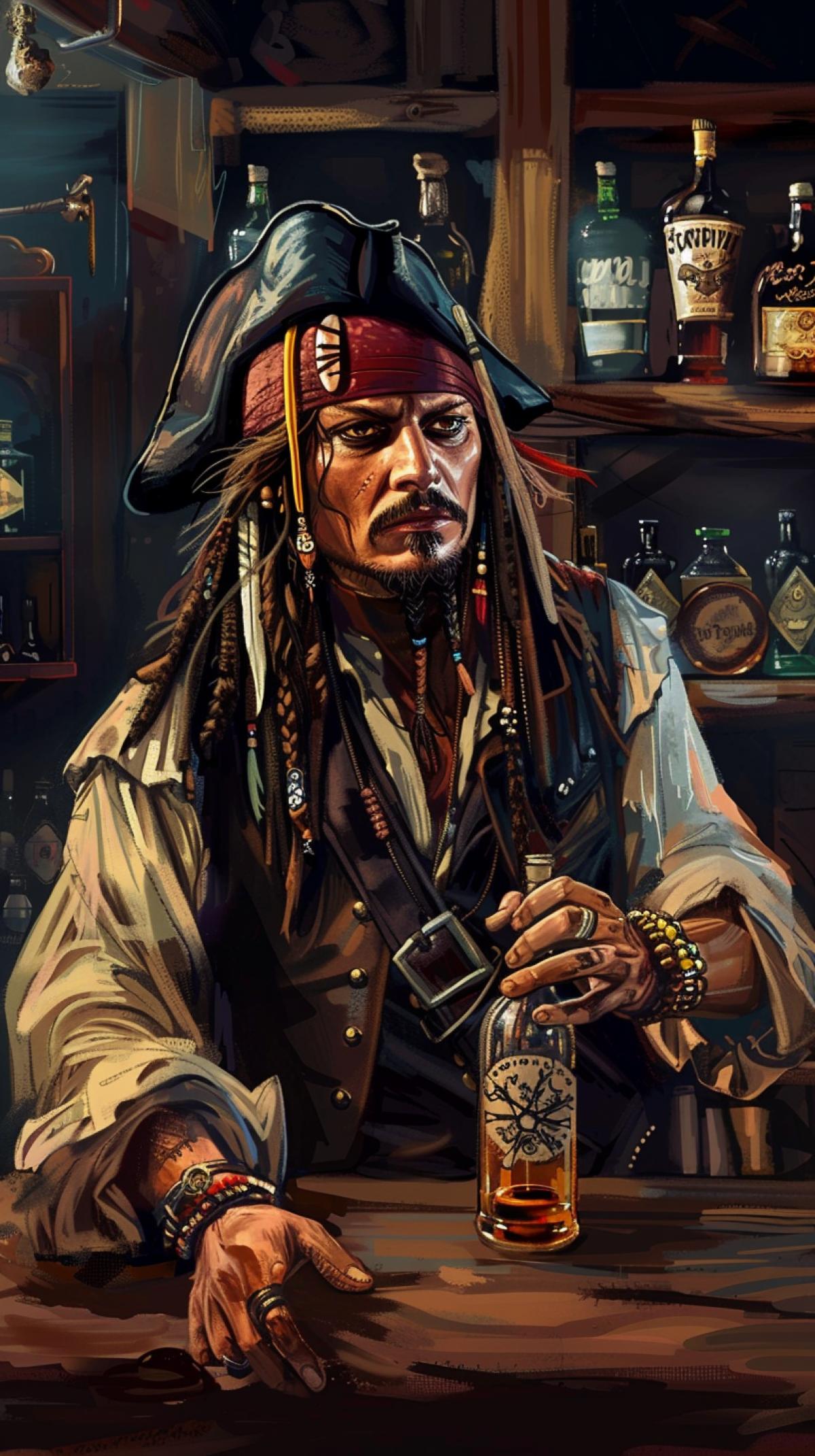 Captain Jack Sparrow in the form of a bartender behind the bar, high quality, good detail, rum, a bottle of rum in his hand, Tortuga, the era of piracy, comic drawing
