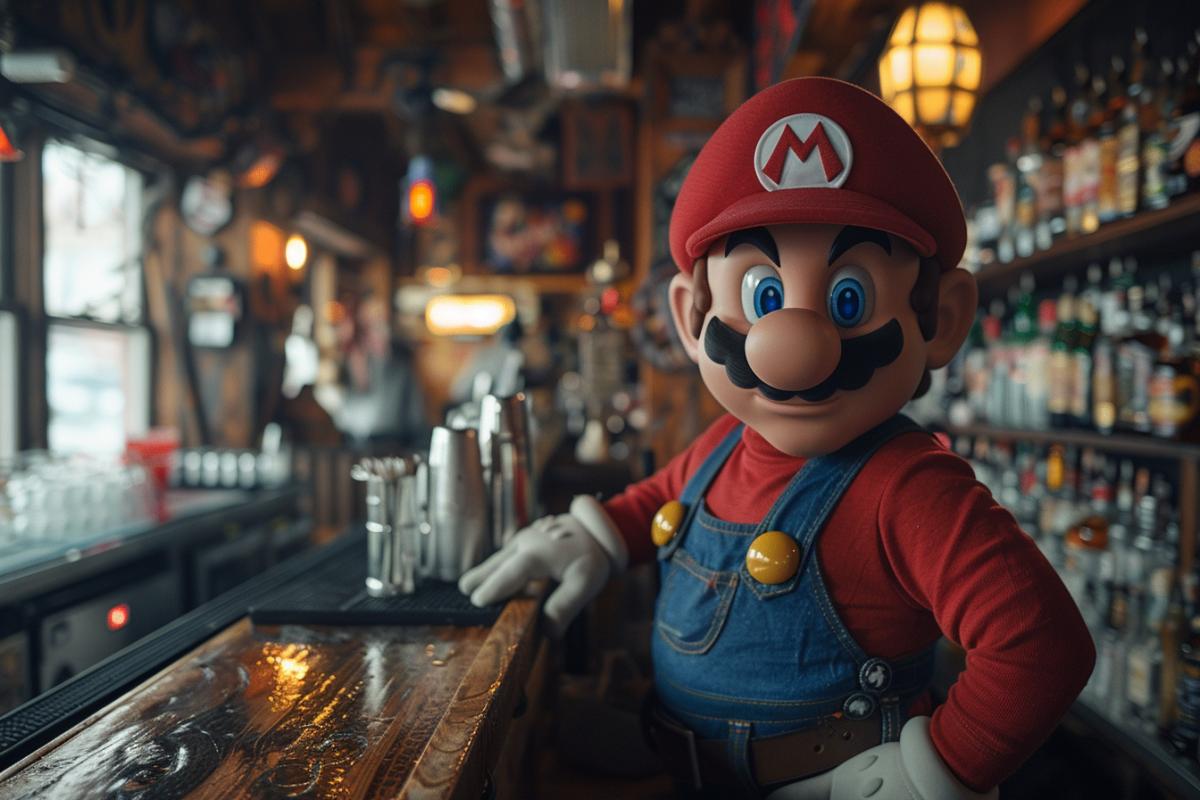 Super Mario works as a bartender