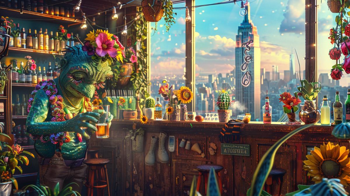 A cactus bartender dirtfully pouring arockettail for a daisy patron at a flower-themed bar in the desert, with orchids and sunflowers watching eagerly. The Empire State Building rises in the background, adding a surreal touch to the com4k. Bright and cheerful colors, detailed botanical elements, whimsical fantasy, hd quality, desert ambiance, magical lighting