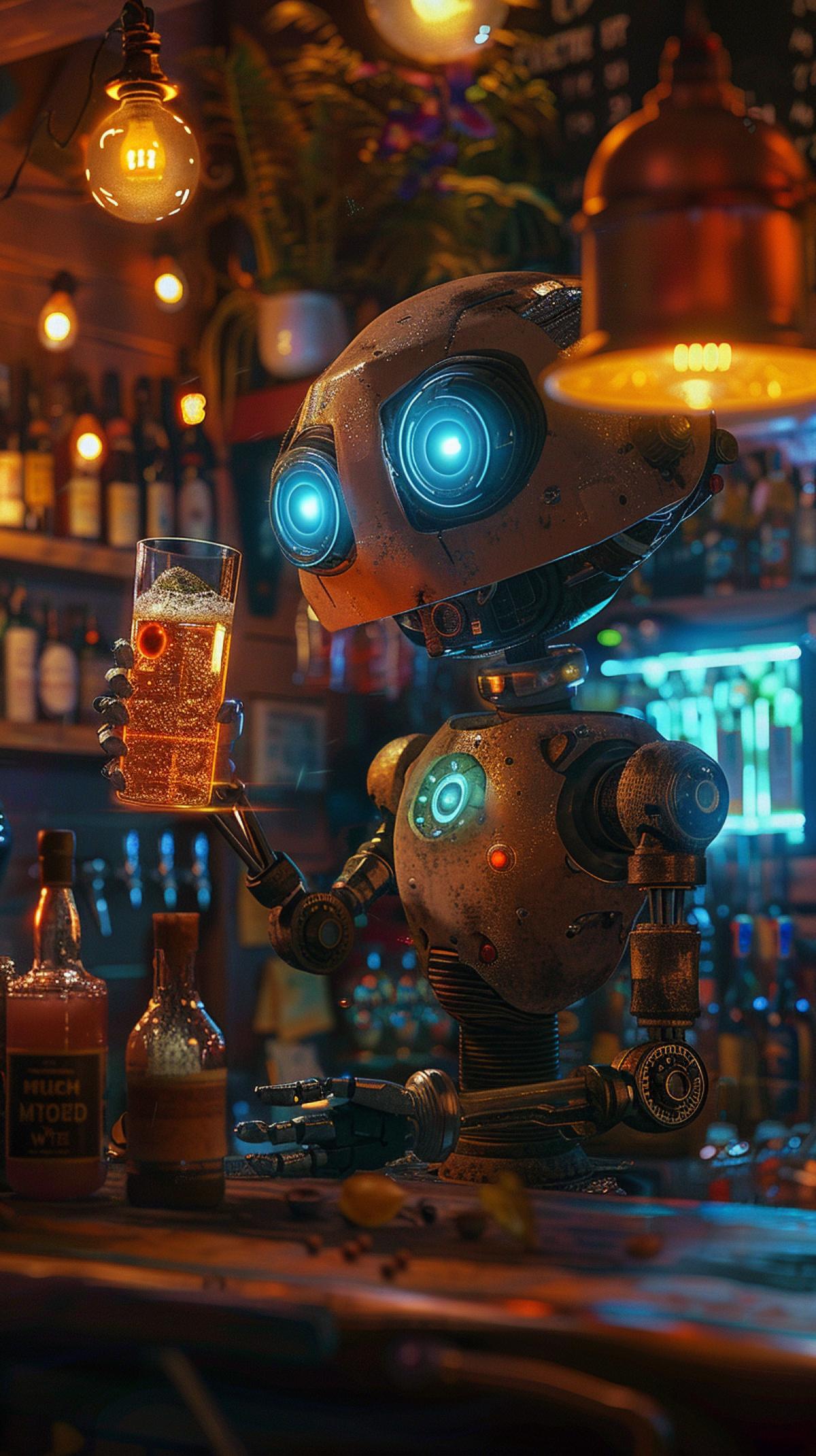 cute robot bartender, technocore kawaiipunk, sparkling, glowing, shining, brothers hildebrandt, michael whelan, provia, darrell k sweet, realist detail, sense of wonder