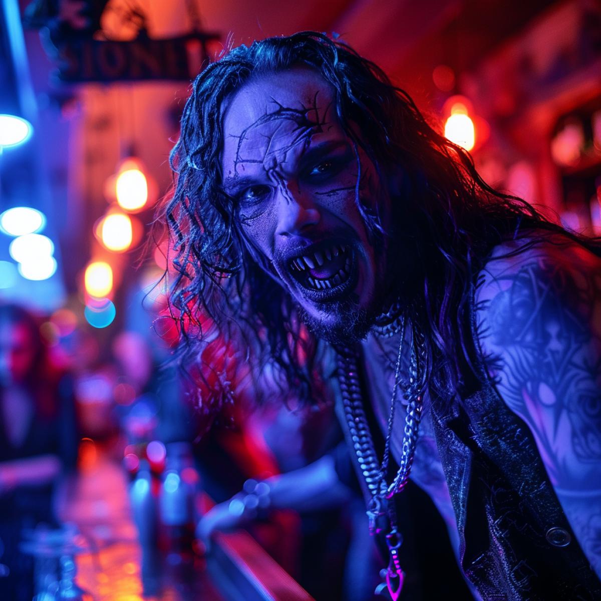 The bar has twisted detailed, a vampire standing behind the bar picks his fanged mouth, a vampire dances reggae on the stage.