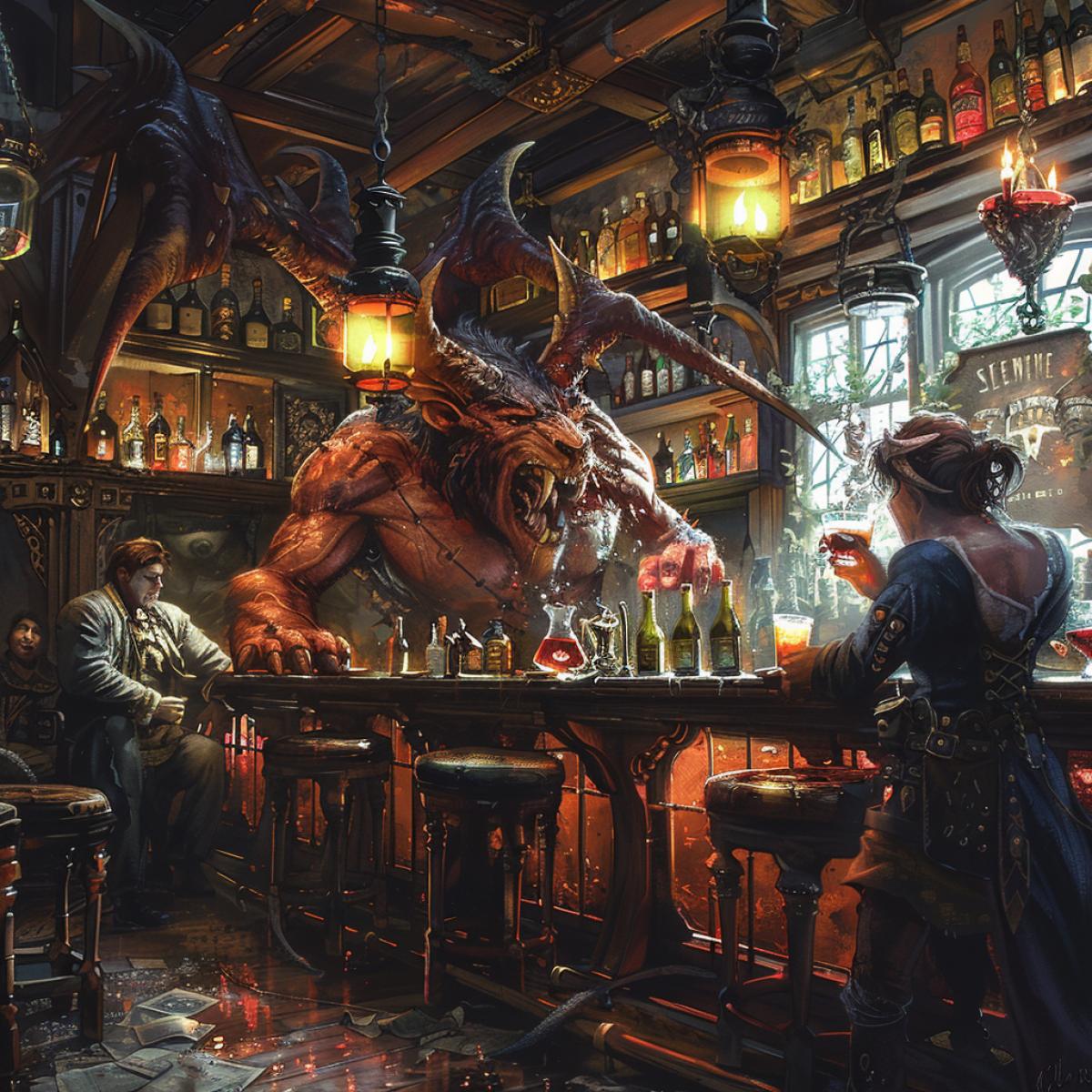 A bar of otherworldly creatures in the style of the GRIMM series. Behind the bar is the Crusher. a witch drinks arockettail made from human red liquidLionmane, Nukelawi, Bat Sedcht, drinking at the bar