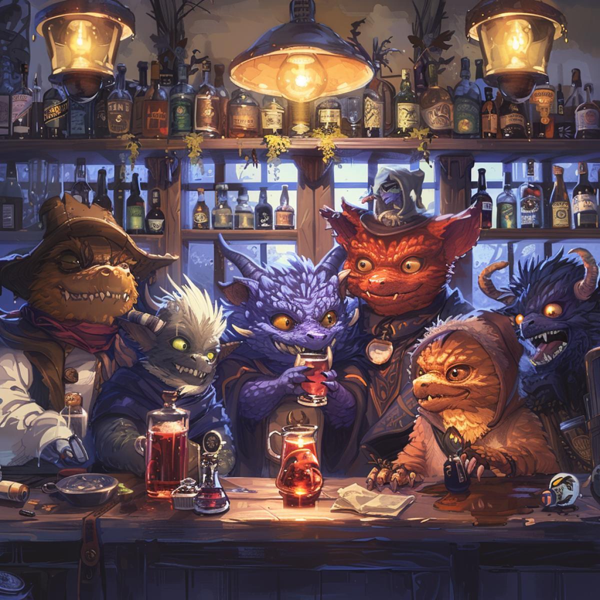 A bar of otherworldly creatures in the style of the GRIMM series. Behind the bar is the Crusher. a witch drinks arockettail made from human red liquidLionmane, Nukelawi, Bat Sedcht, drinking at the bar