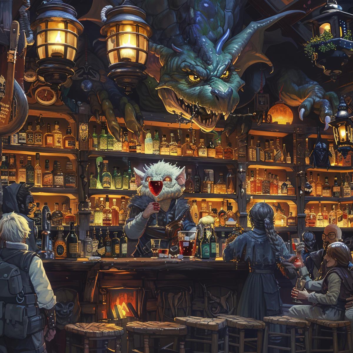 A bar of otherworldly creatures in the style of the GRIMM series. Behind the bar is the Crusher. a witch drinks arockettail made from human red liquidLionmane, Nukelawi, Bat Sedcht, drinking at the bar