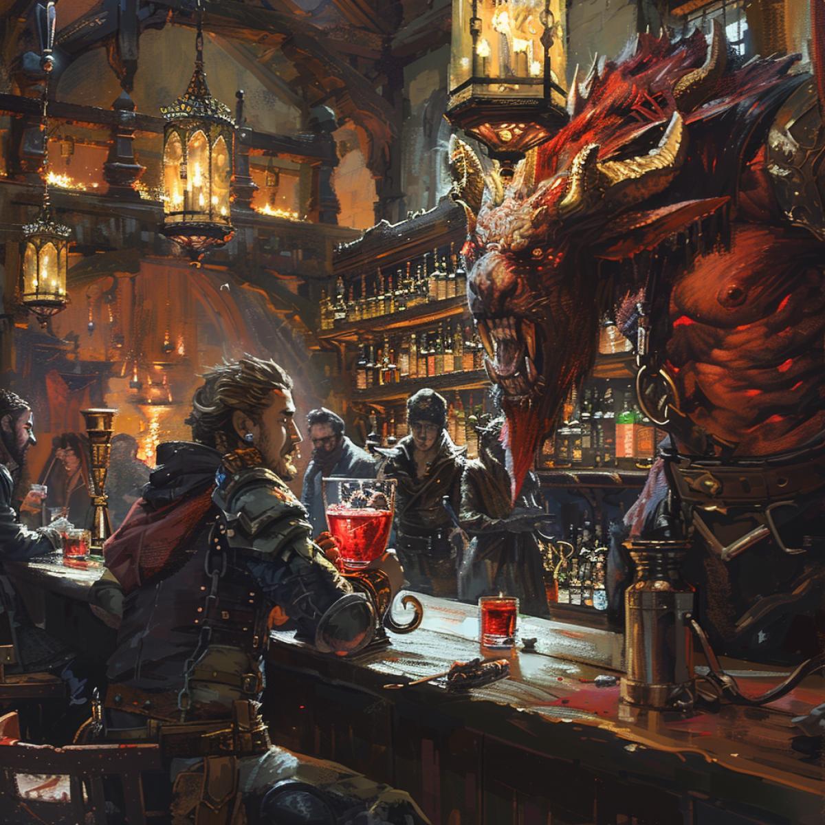 A bar of otherworldly creatures in the style of the GRIMM series. Behind the bar is the Crusher. a witch drinks arockettail made from human red liquidLionmane, Nukelawi, Bat Sedcht, drinking at the bar