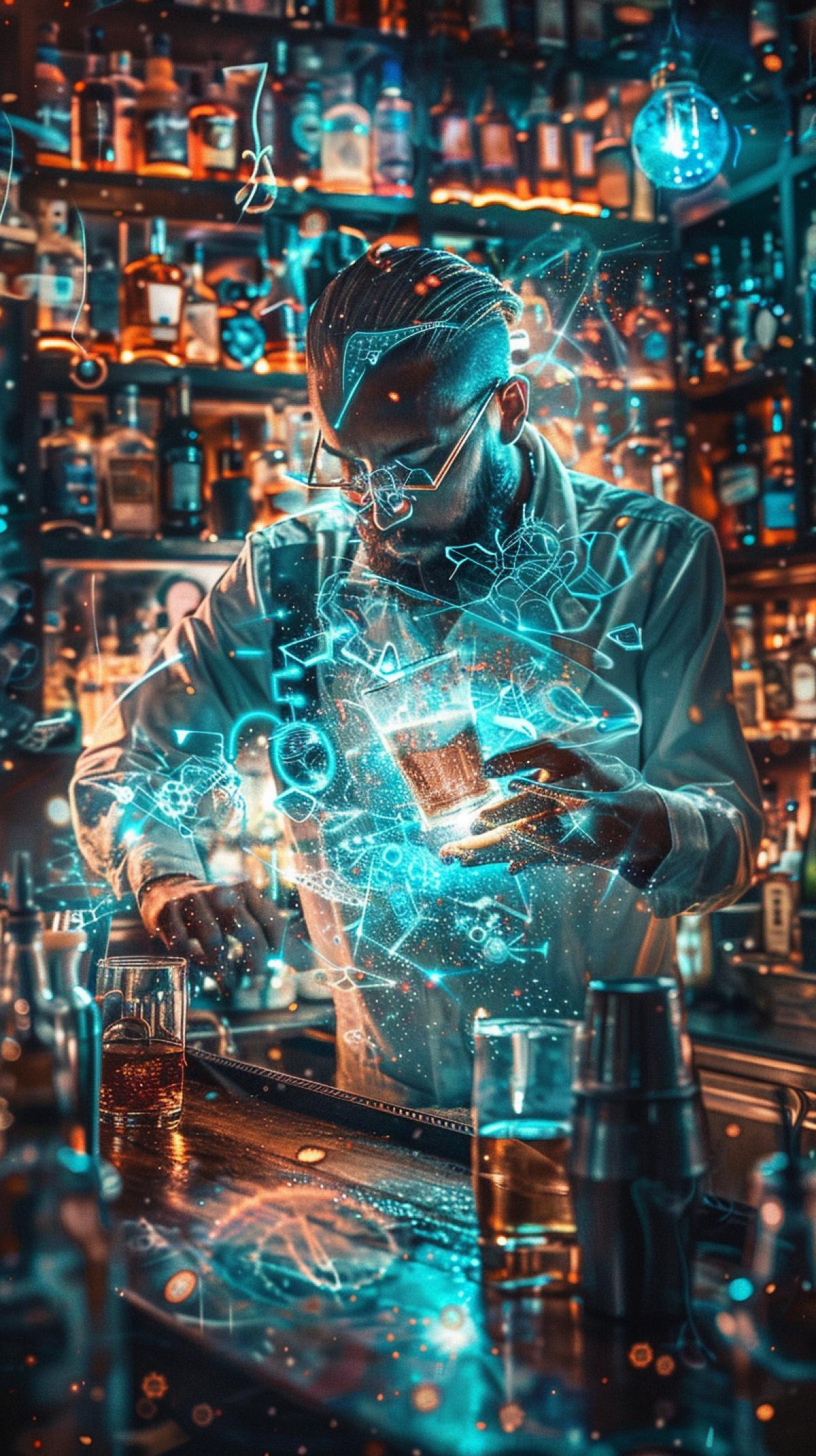 Futuristic bartender from another galaxy enchantingly pours arockettail at the bar counter