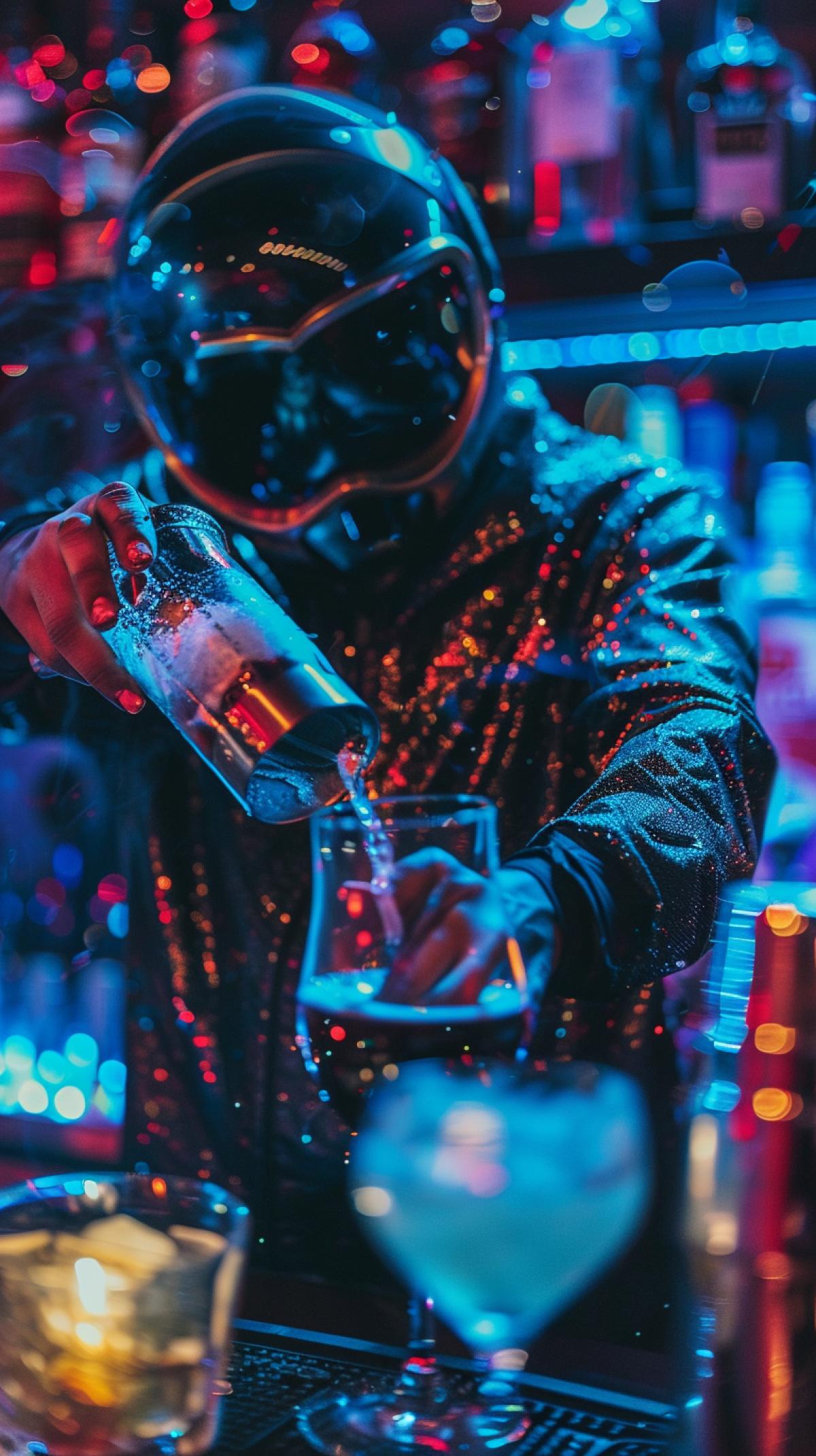 Futuristic bartender from another galaxy enchantingly pours arockettail at the bar counter