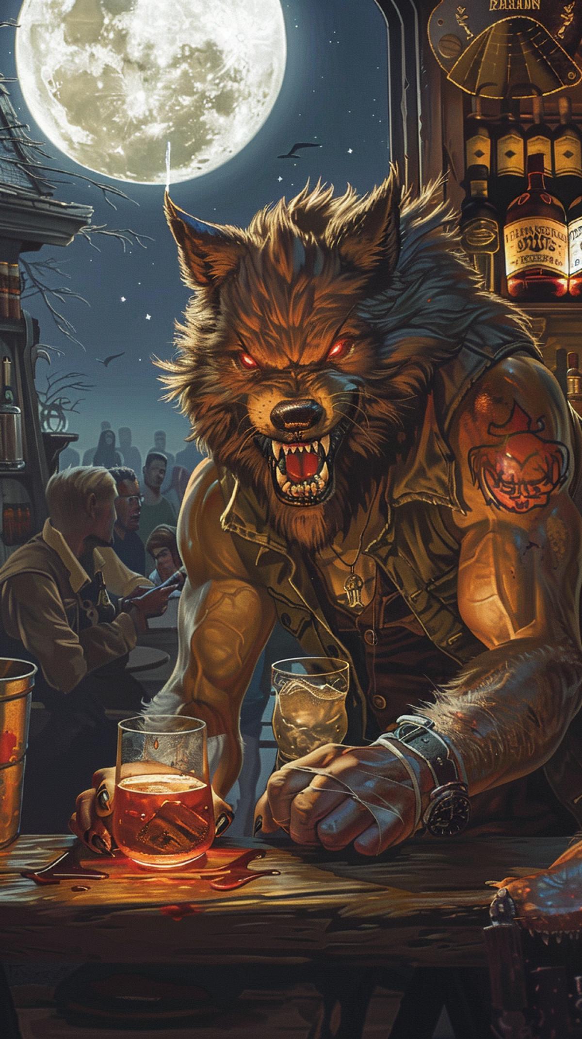 Moonlit summer night, ocean, oceanside bar. The bar is crowded with drunk people, the cunning bartender is constantly pouring something into the customers glass. The bartender has an arrogant predatory face with protruding upper fangs, slightly pointed ears covered with slightly red hair, short-cropped fiery red hair, one hand with sharp wolf claws lies on the bar counter, his gaze is fixed on the window in which the full moon is visible.