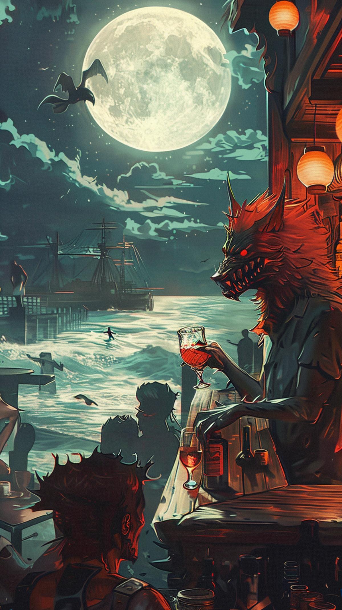 Moonlit summer night, ocean, oceanside bar. The bar is crowded with drunk people, the cunning bartender is constantly pouring something into the customers glass. The bartender has an arrogant predatory face with protruding upper fangs, slightly pointed ears covered with slightly red hair, short-cropped fiery red hair, one hand with sharp wolf claws lies on the bar counter, his gaze is fixed on the window in which the full moon is visible.
