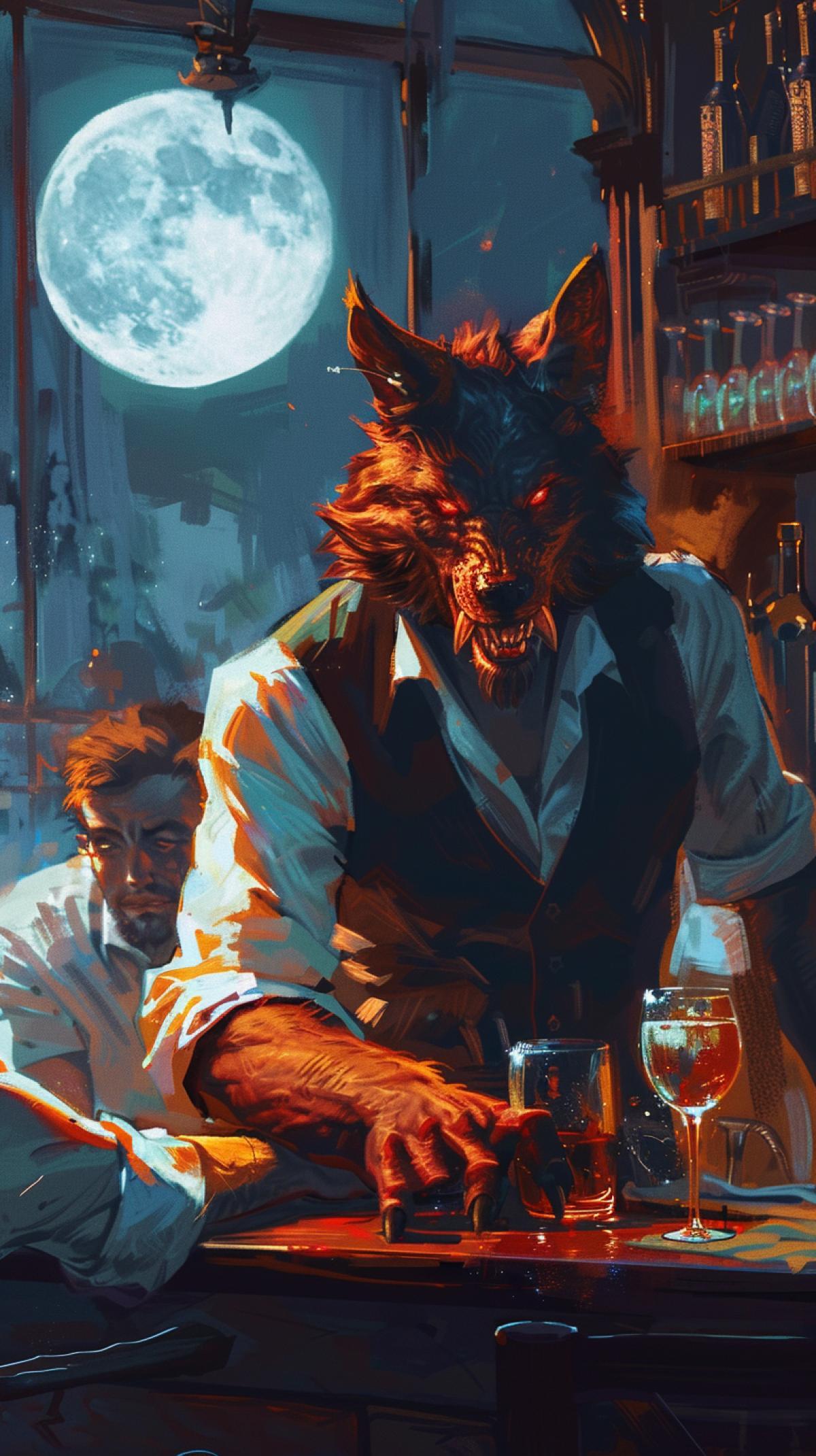 Moonlit summer night, ocean, oceanside bar. The bar is crowded with drunk people, the cunning bartender is constantly pouring something into the customers glass. The bartender has an arrogant predatory face with protruding upper fangs, slightly pointed ears covered with slightly red hair, short-cropped fiery red hair, one hand with sharp wolf claws lies on the bar counter, his gaze is fixed on the window in which the full moon is visible.