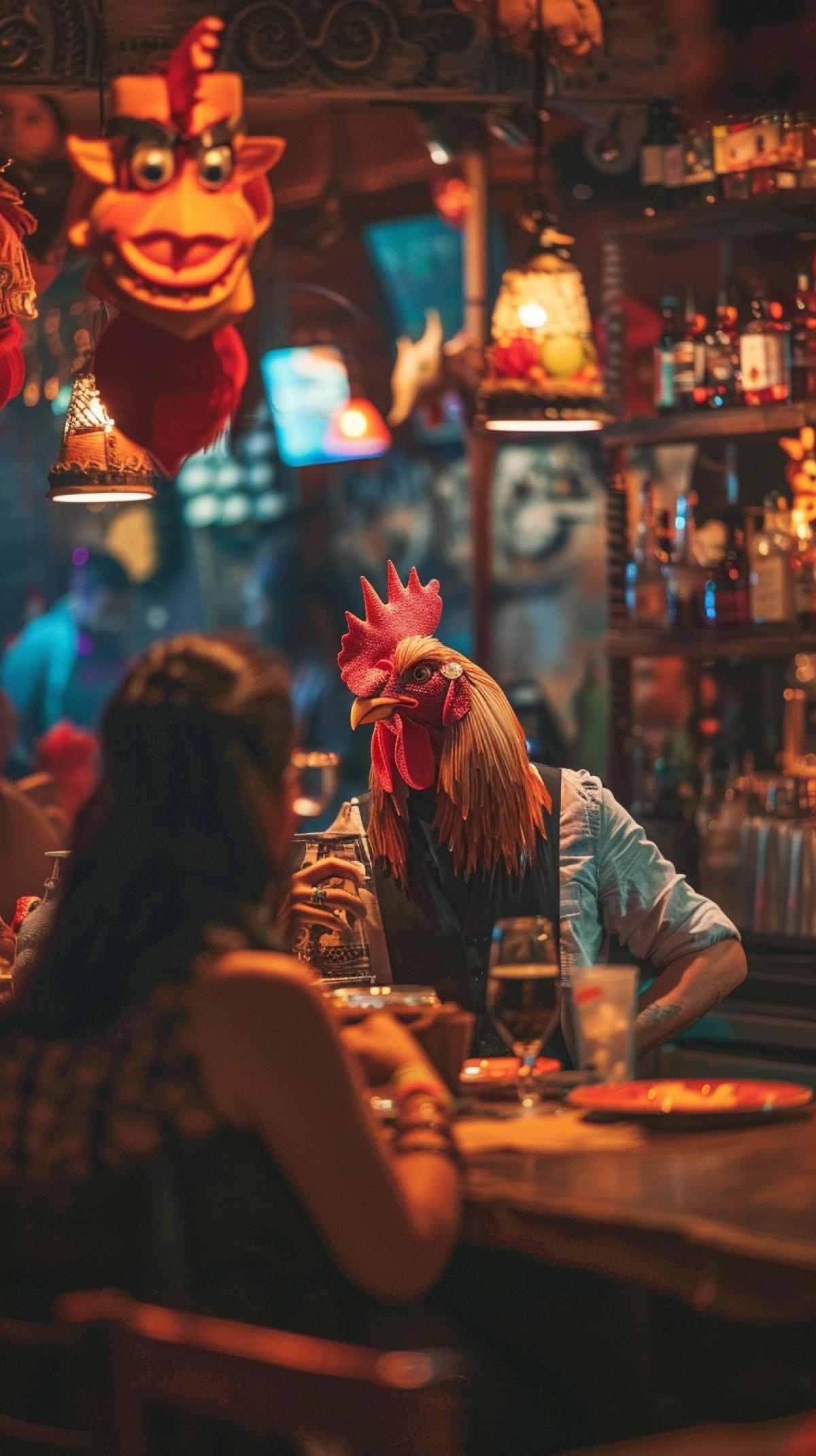 A bartender dressed as a rooster poursrockettails and looks at the waitress at the table