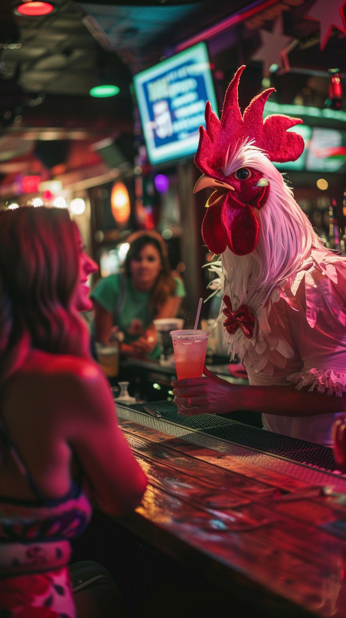 A bartender dressed as a rooster poursrockettails and looks at the waitress at the table
